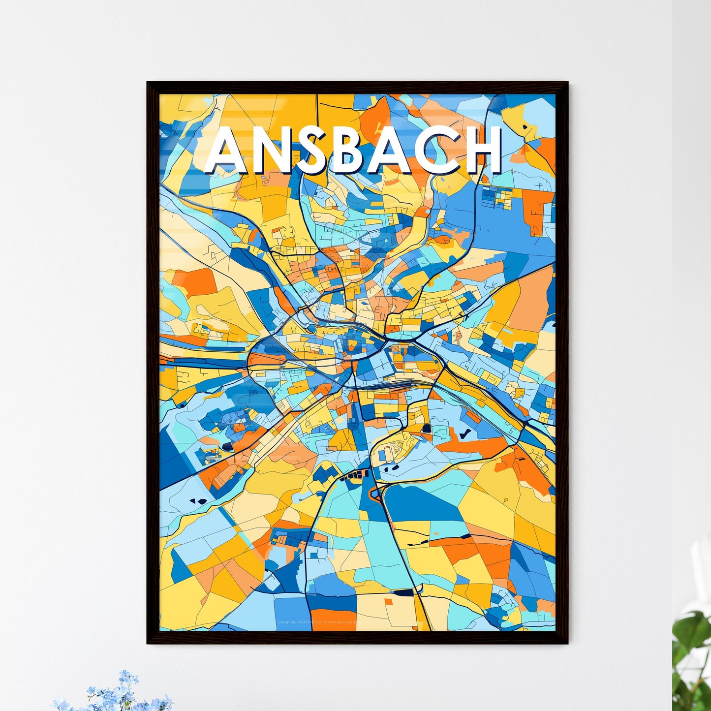 ANSBACH GERMANY Vibrant Colorful Art Map Poster Blue Orange