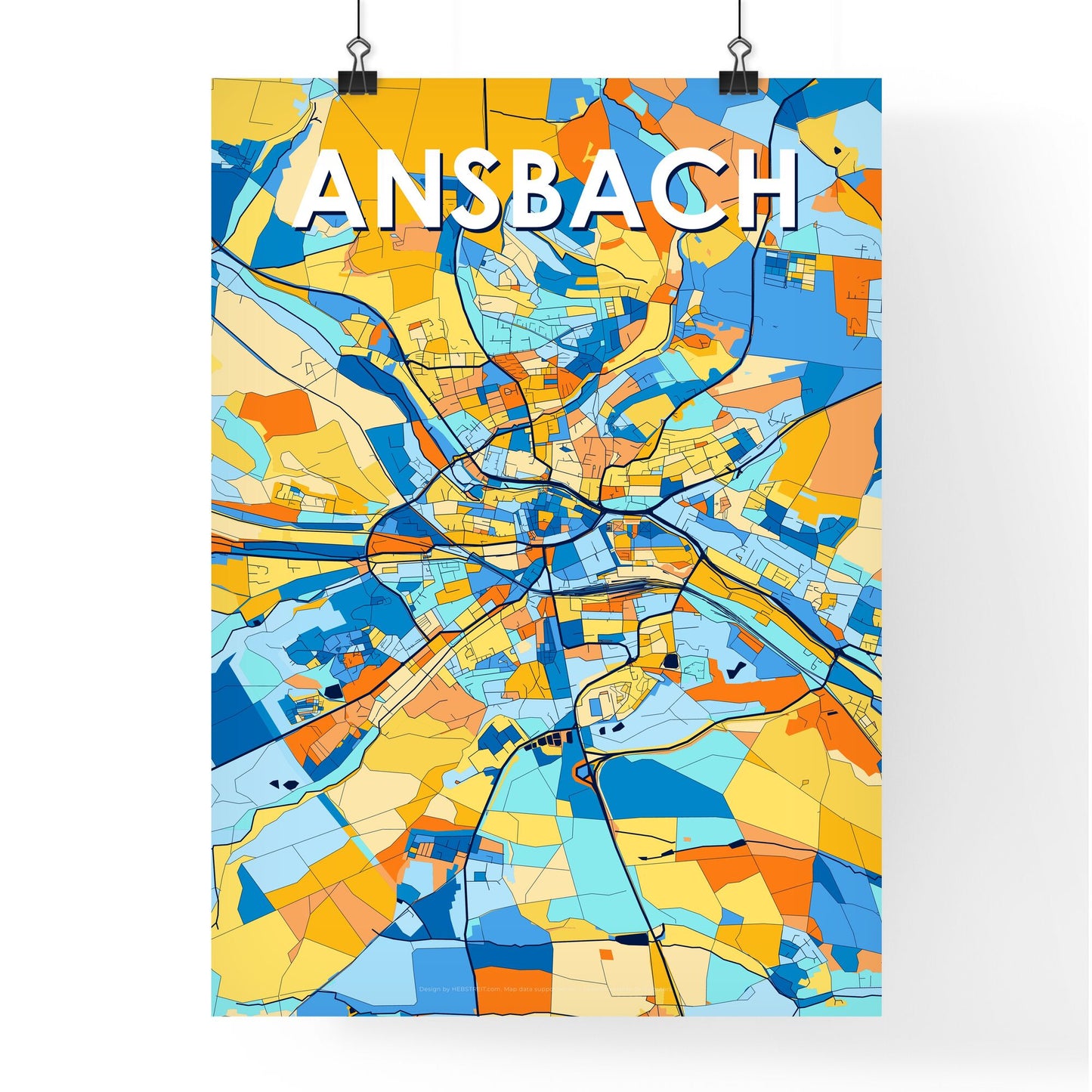 ANSBACH GERMANY Vibrant Colorful Art Map Poster Blue Orange