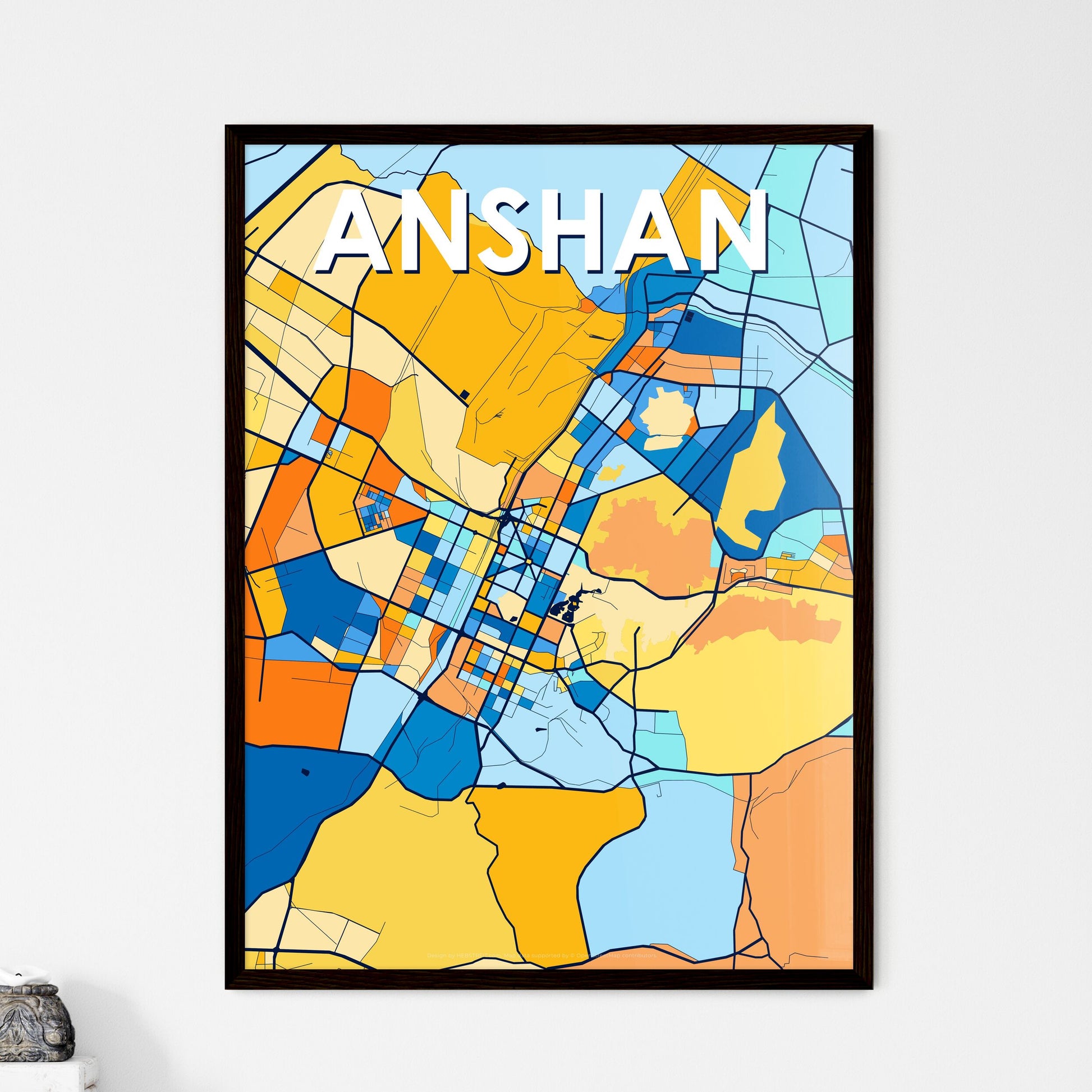 ANSHAN CHINA Vibrant Colorful Art Map Poster Blue Orange