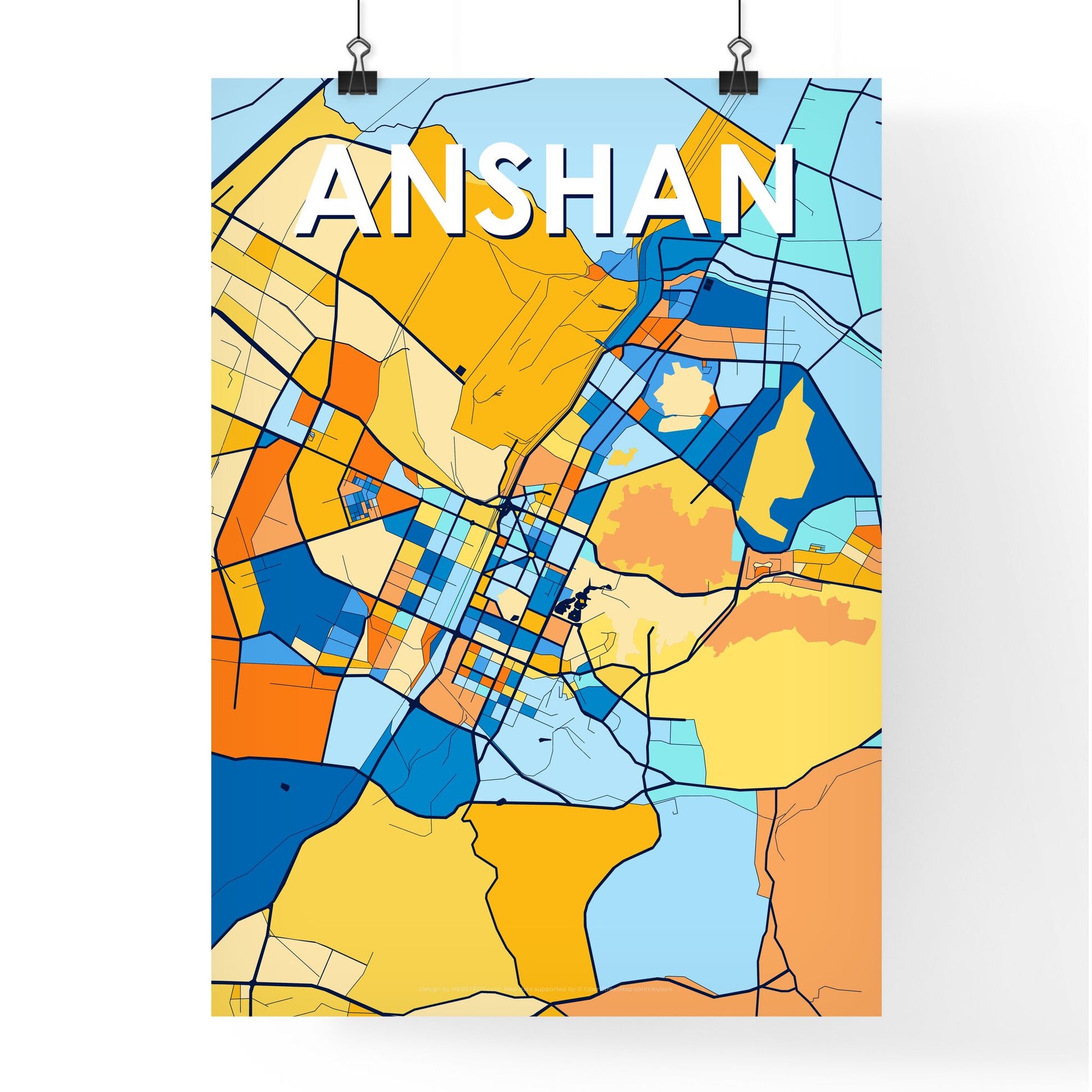 ANSHAN CHINA Vibrant Colorful Art Map Poster Blue Orange