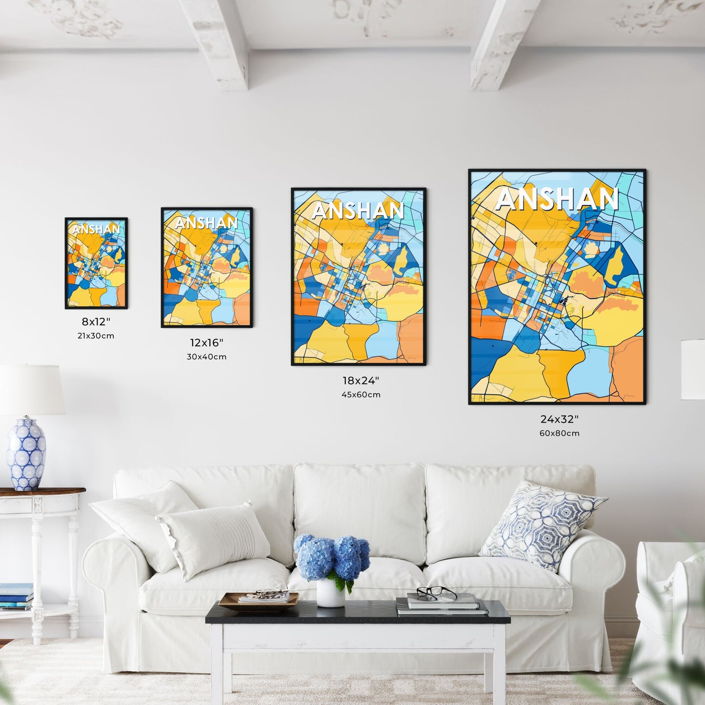 ANSHAN CHINA Vibrant Colorful Art Map Poster Blue Orange