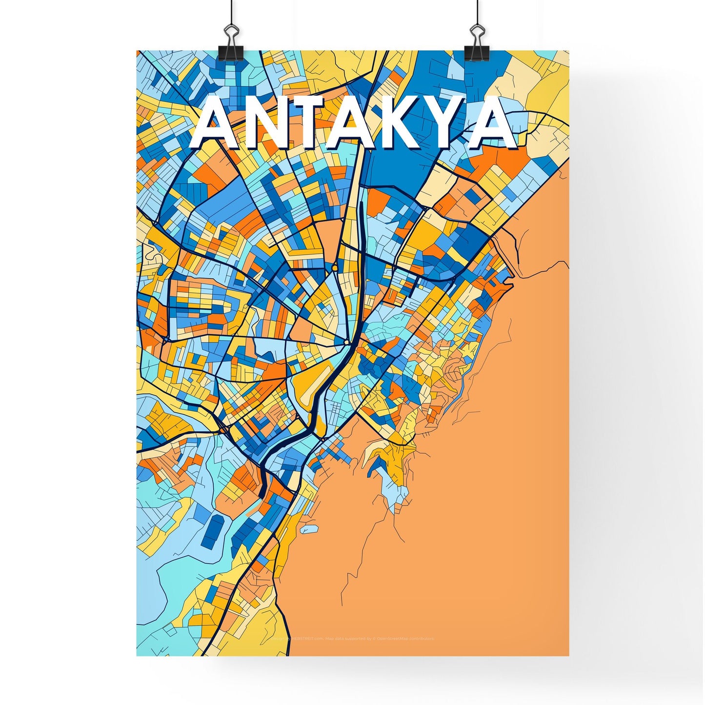 ANTAKYA TURKEY Vibrant Colorful Art Map Poster Blue Orange