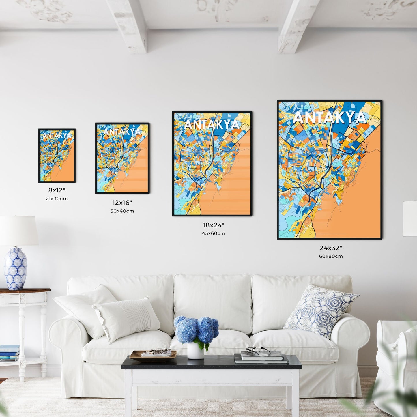 ANTAKYA TURKEY Vibrant Colorful Art Map Poster Blue Orange