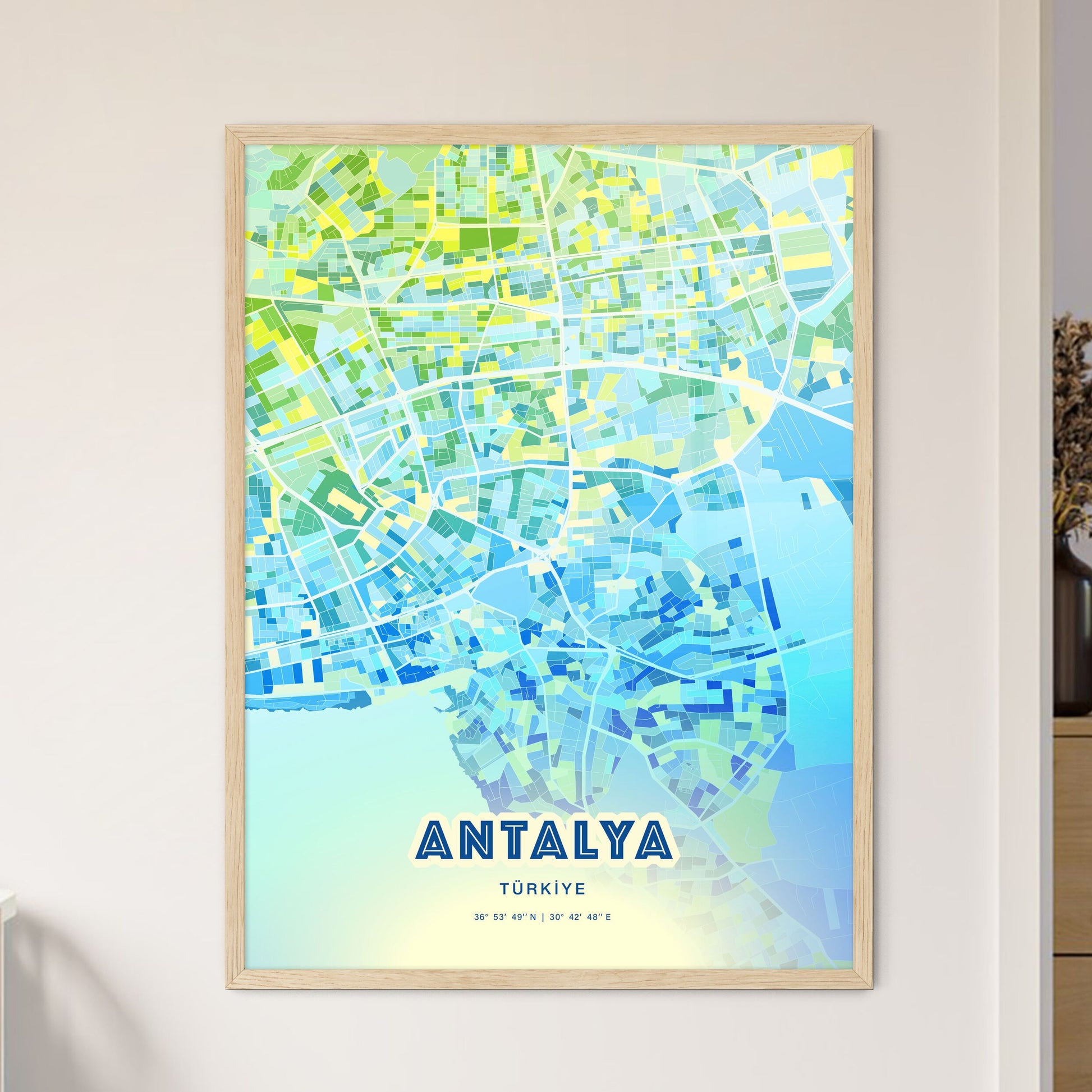 Colorful Antalya Turkey Fine Art Map Cool Blue
