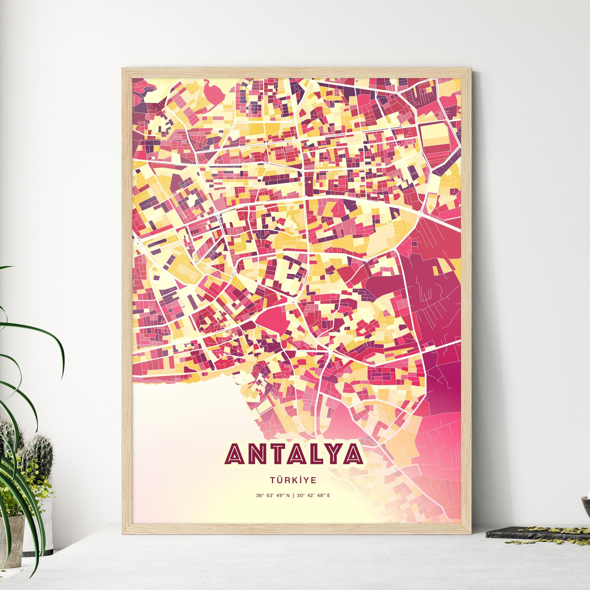 Colorful Antalya Turkey Fine Art Map Hot Red