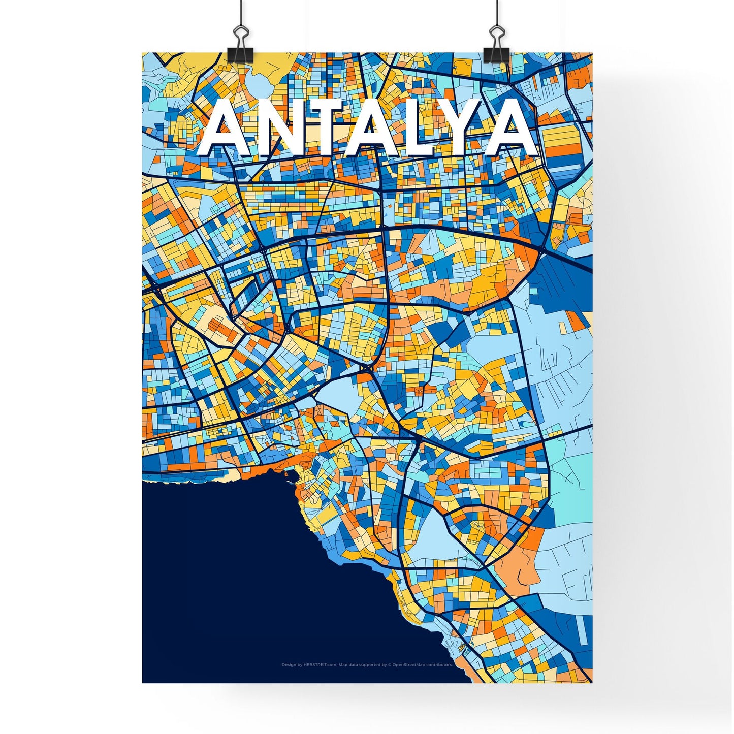 ANTALYA TURKEY Vibrant Colorful Art Map Poster Blue Orange