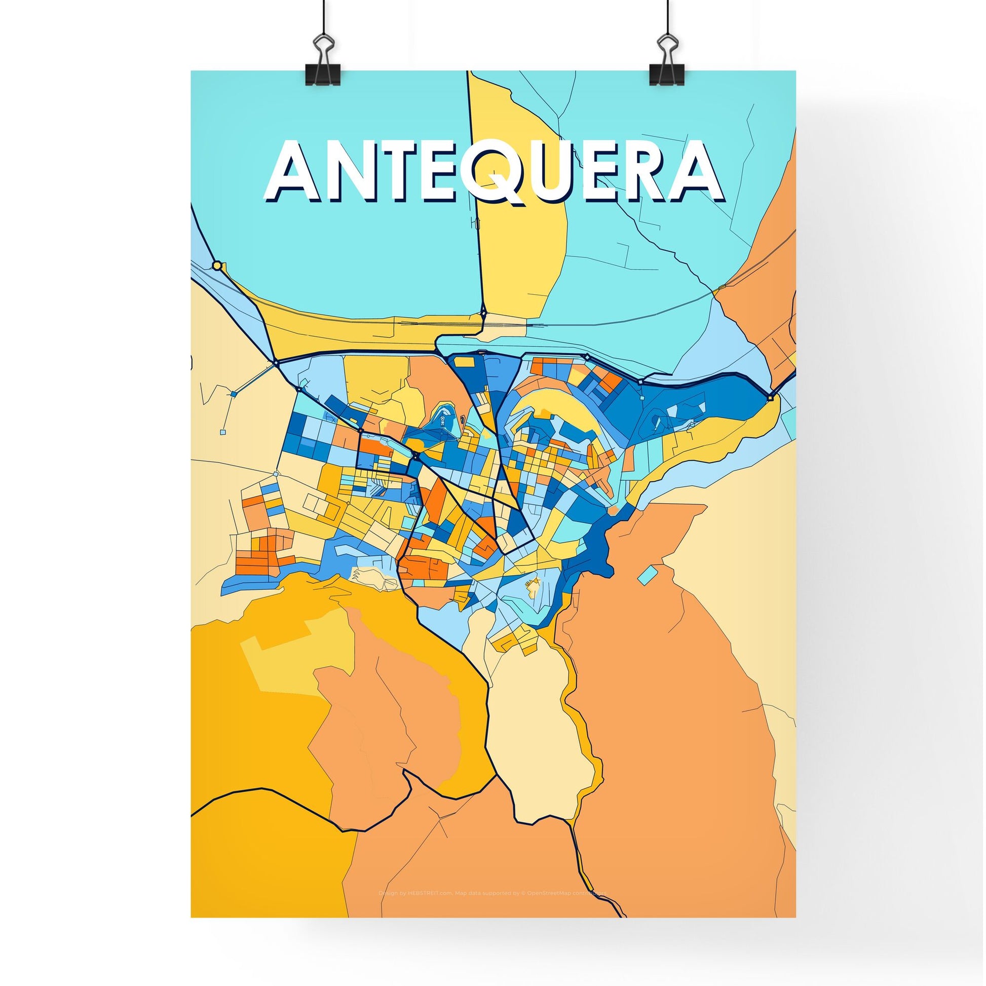 ANTEQUERA SPAIN Vibrant Colorful Art Map Poster Blue Orange