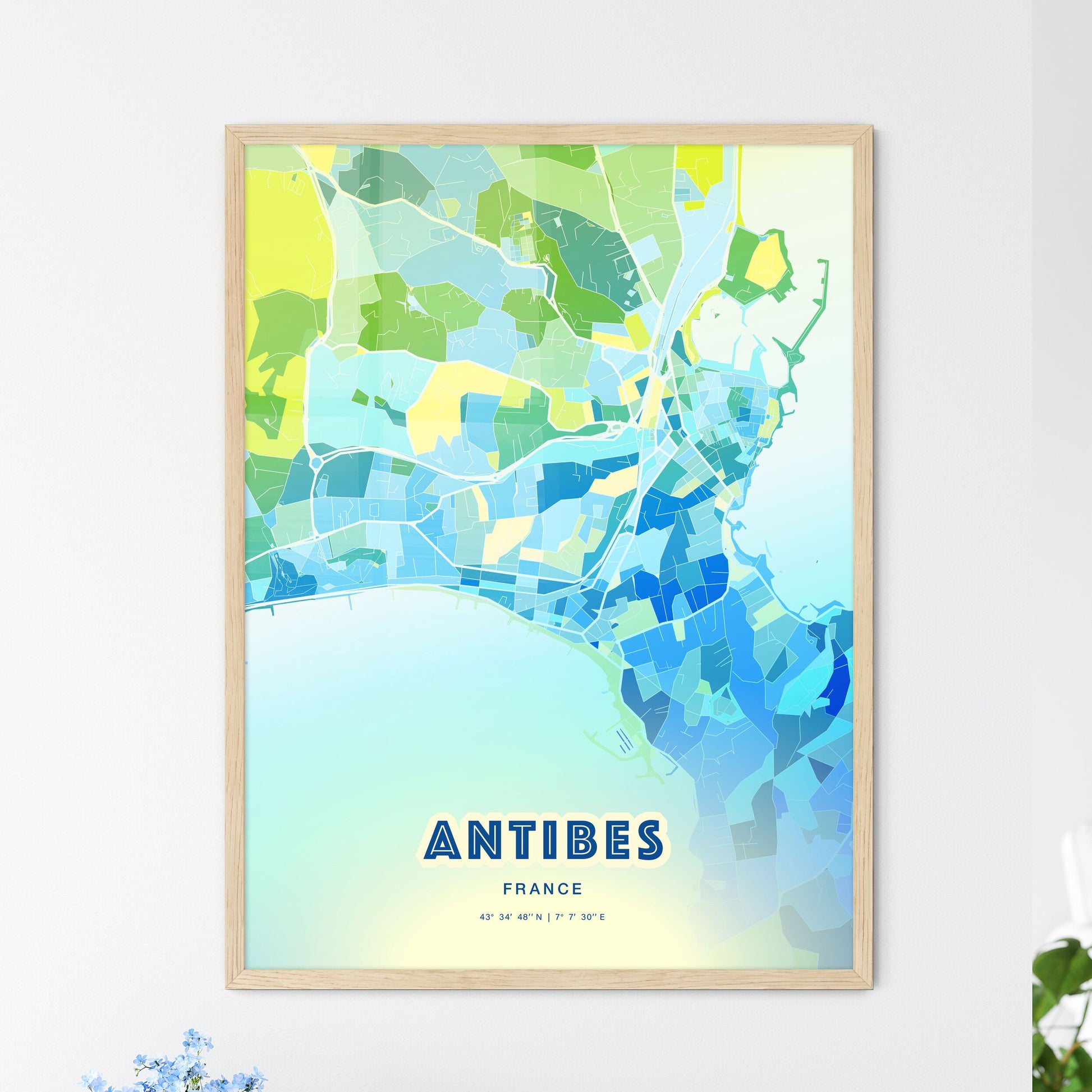 Colorful Antibes France Fine Art Map Cool Blue