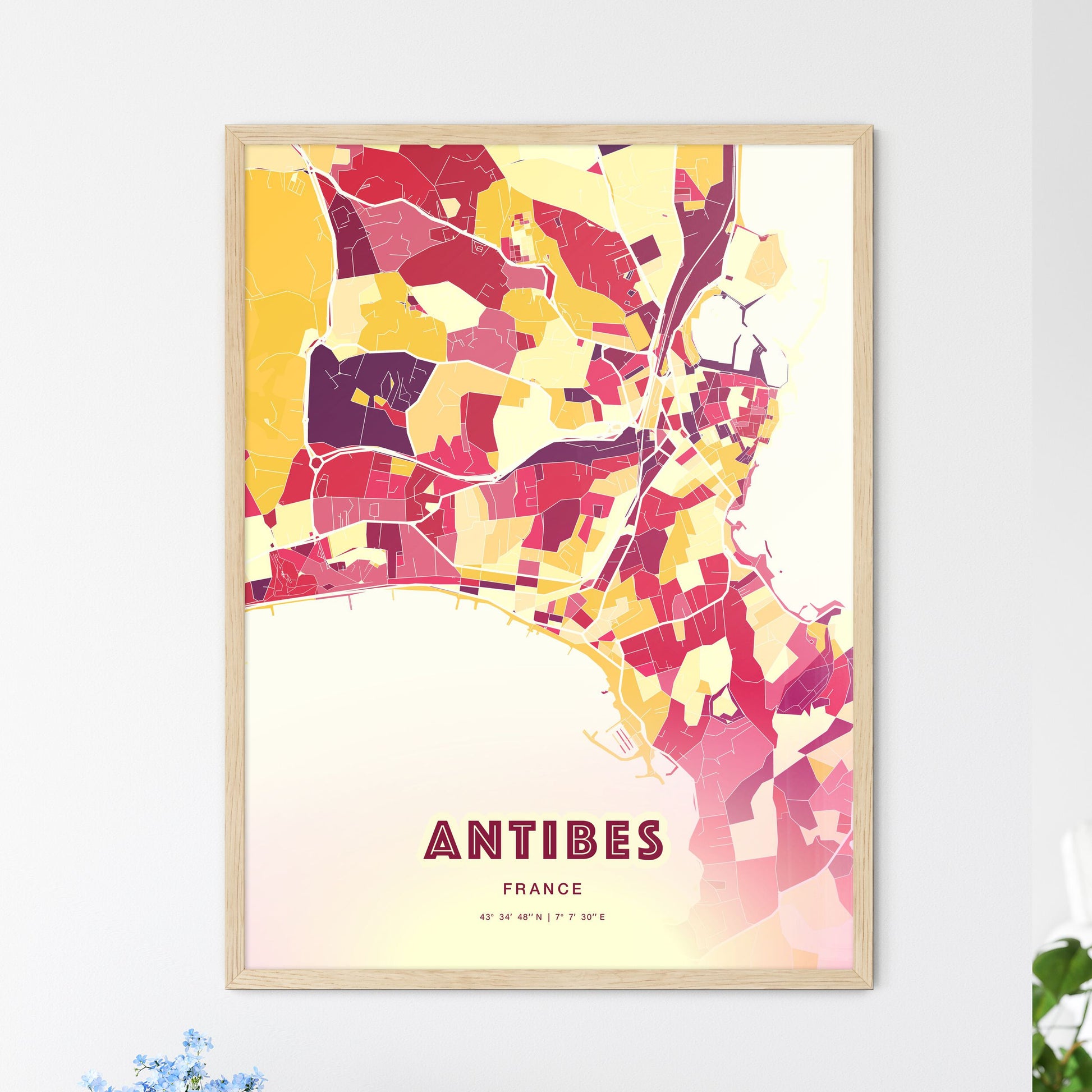 Colorful Antibes France Fine Art Map Hot Red