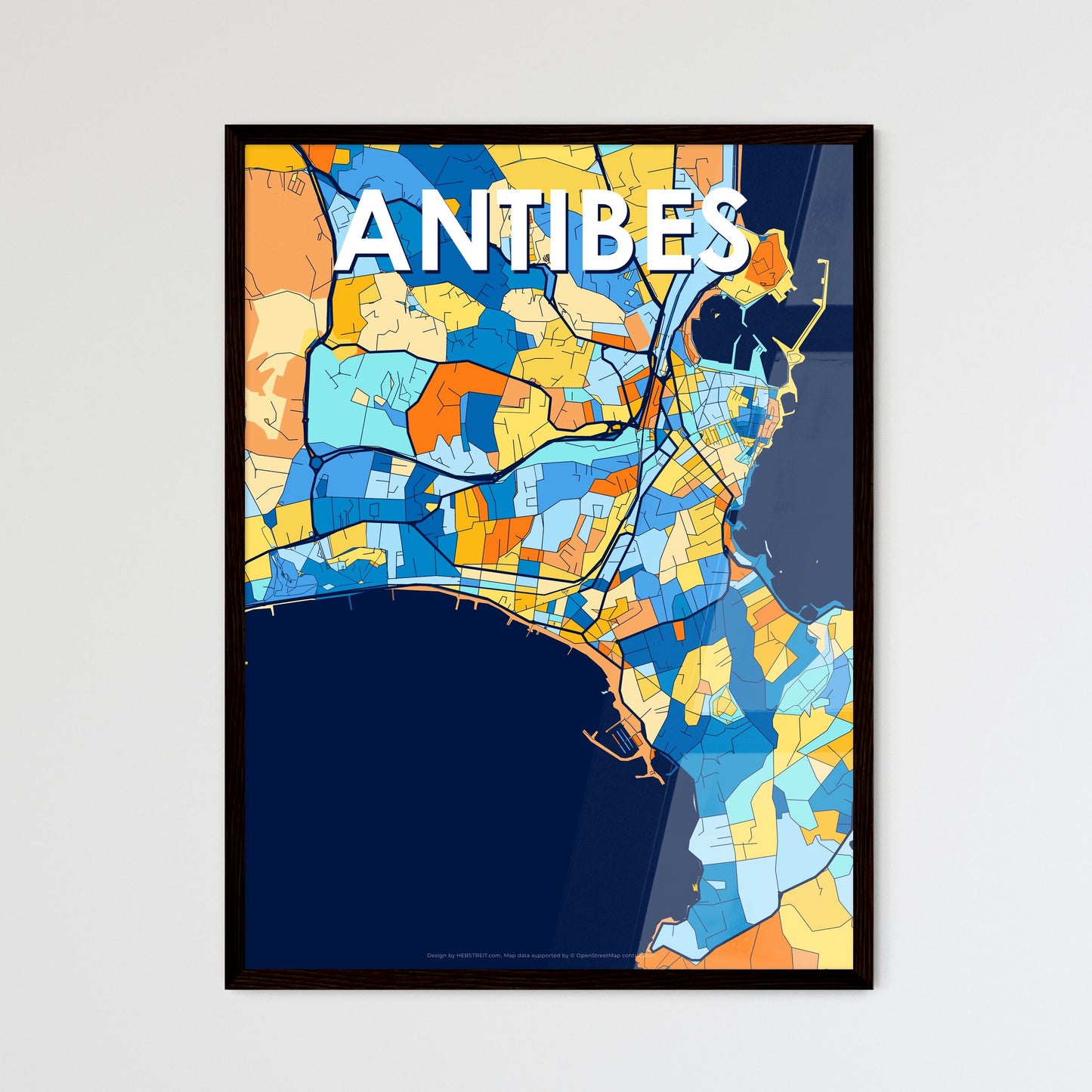 ANTIBES FRANCE Vibrant Colorful Art Map Poster Blue Orange