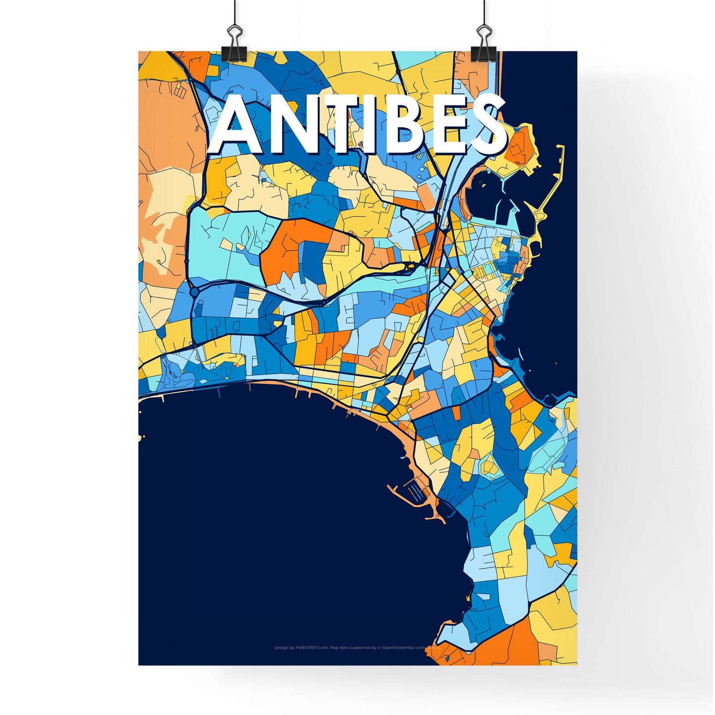 ANTIBES FRANCE Vibrant Colorful Art Map Poster Blue Orange