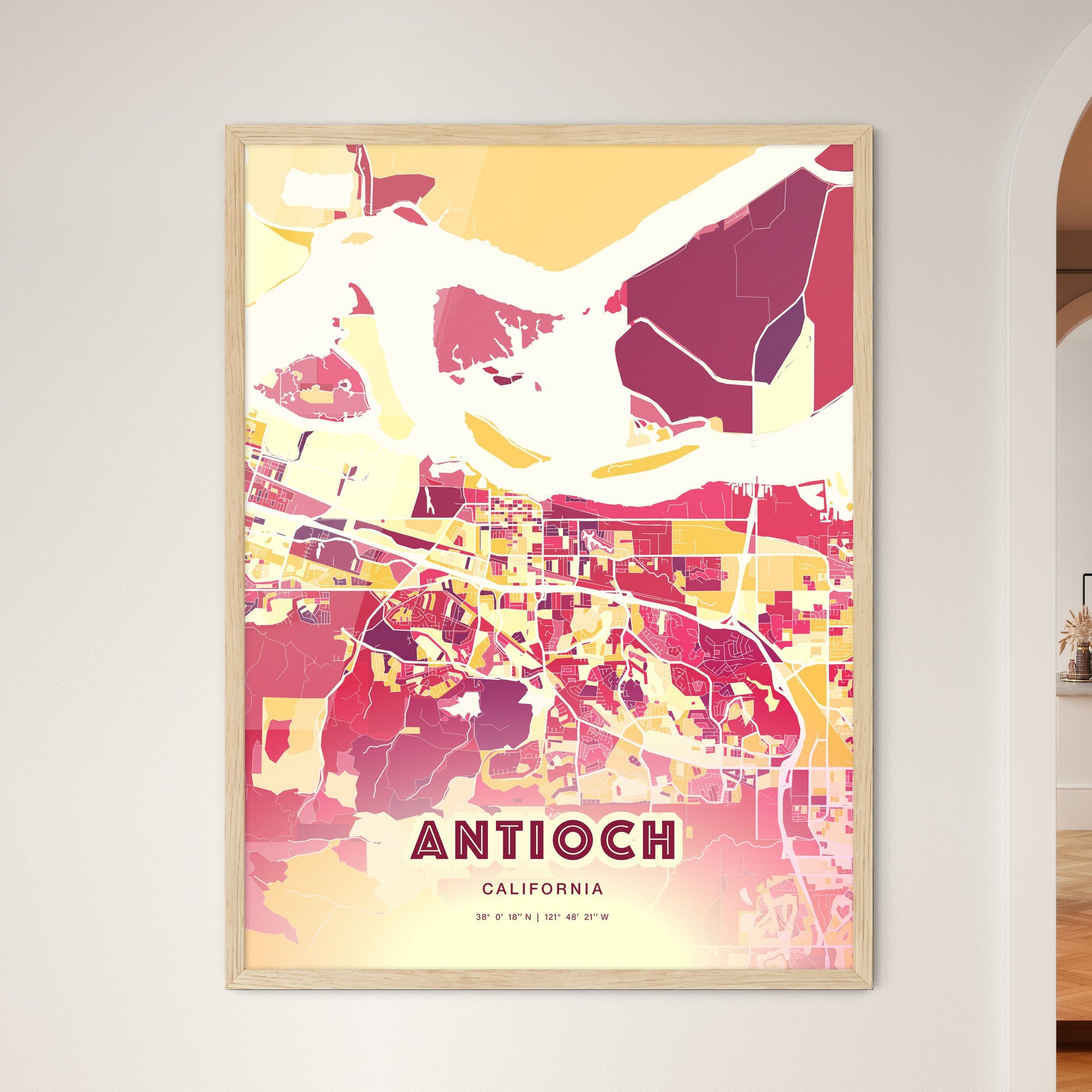 Colorful Antioch California Fine Art Map Hot Red