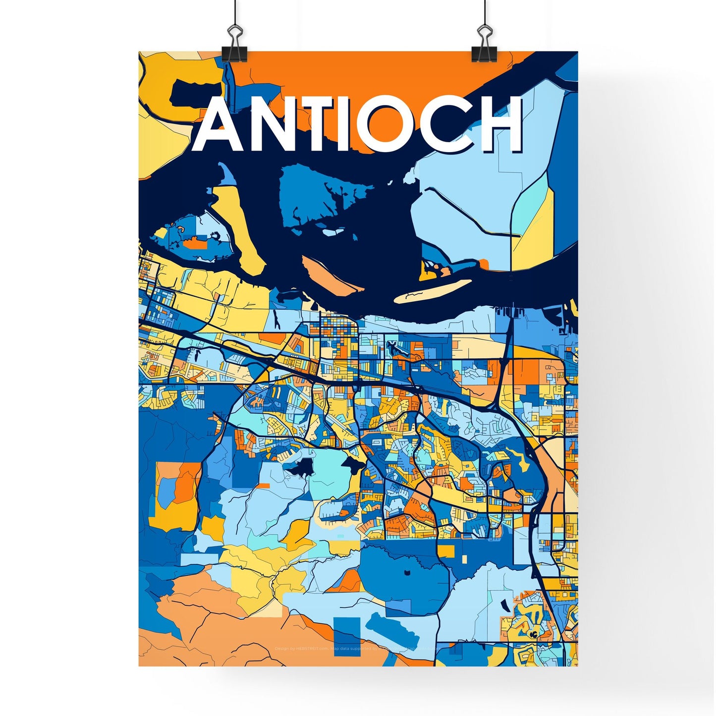 ANTIOCH CALIFORNIA Vibrant Colorful Art Map Poster Blue Orange