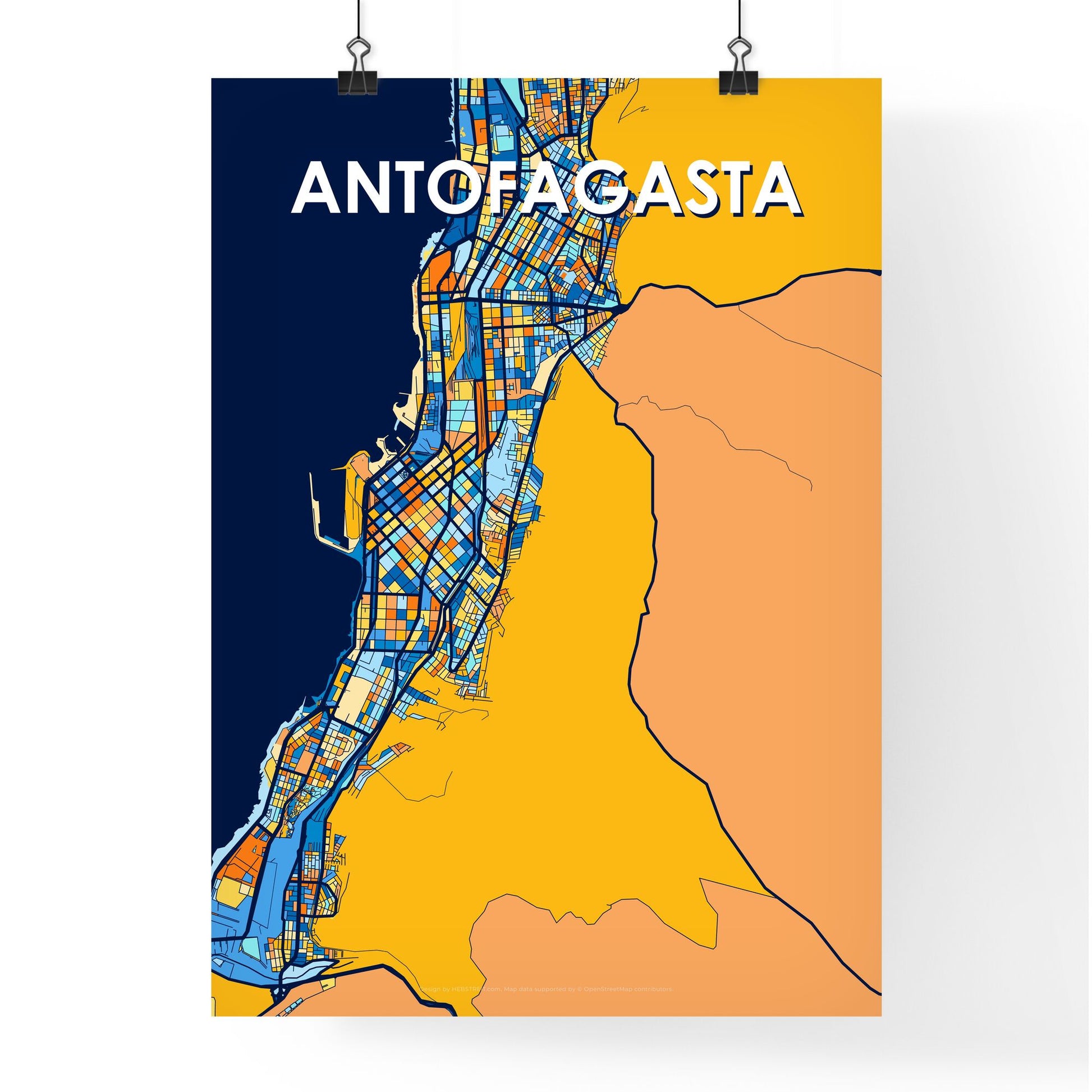 ANTOFAGASTA CHILE Vibrant Colorful Art Map Poster Blue Orange