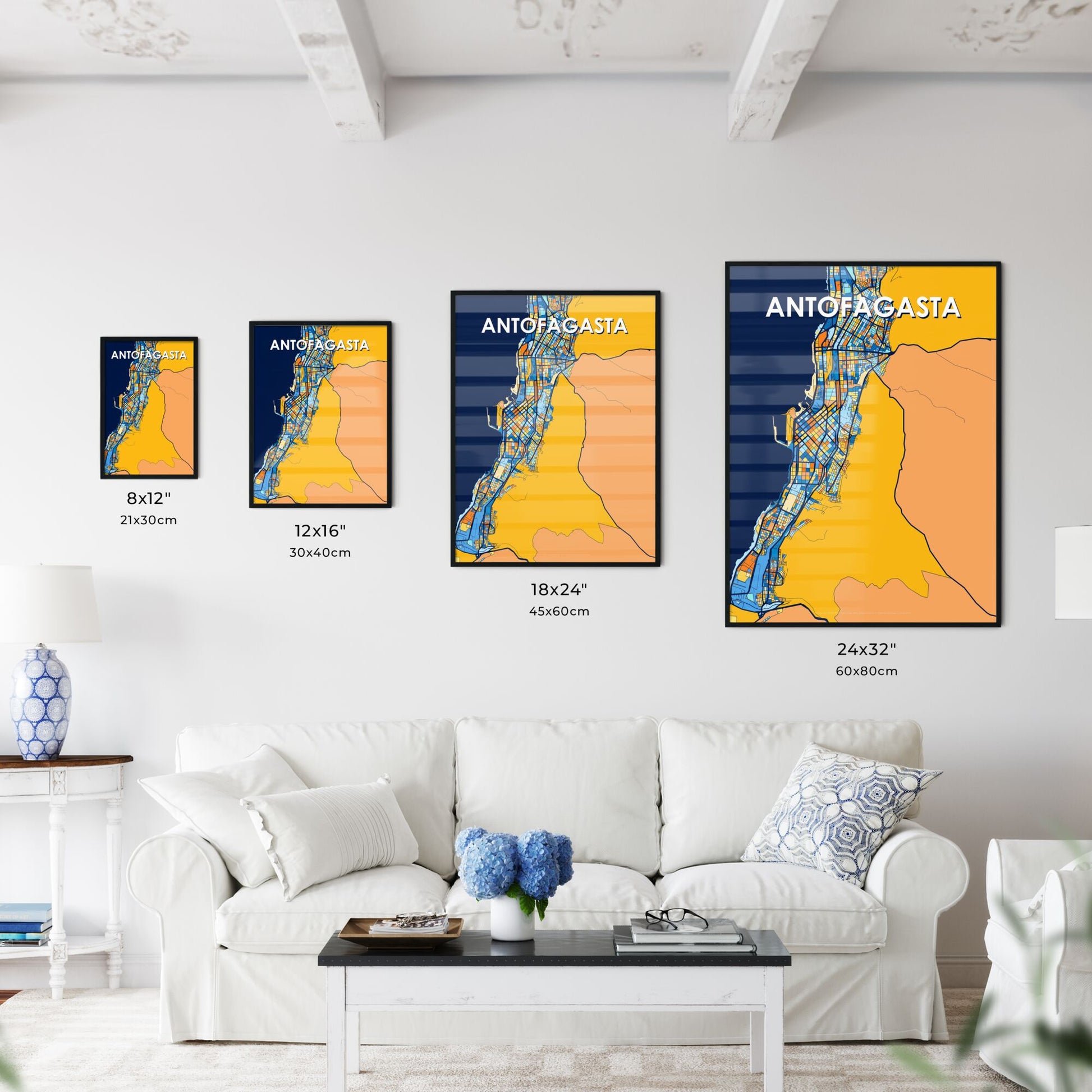 ANTOFAGASTA CHILE Vibrant Colorful Art Map Poster Blue Orange