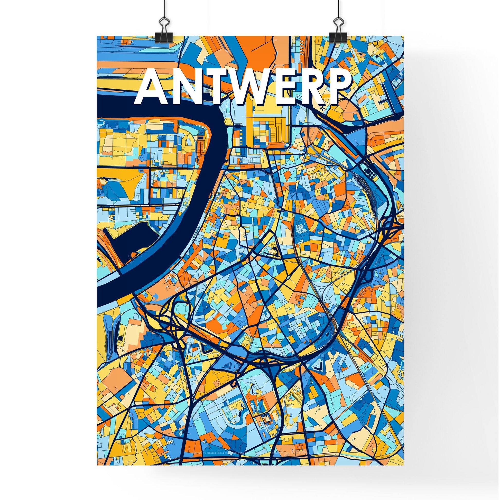 ANTWERP BELGIUM Vibrant Colorful Art Map Poster Blue Orange