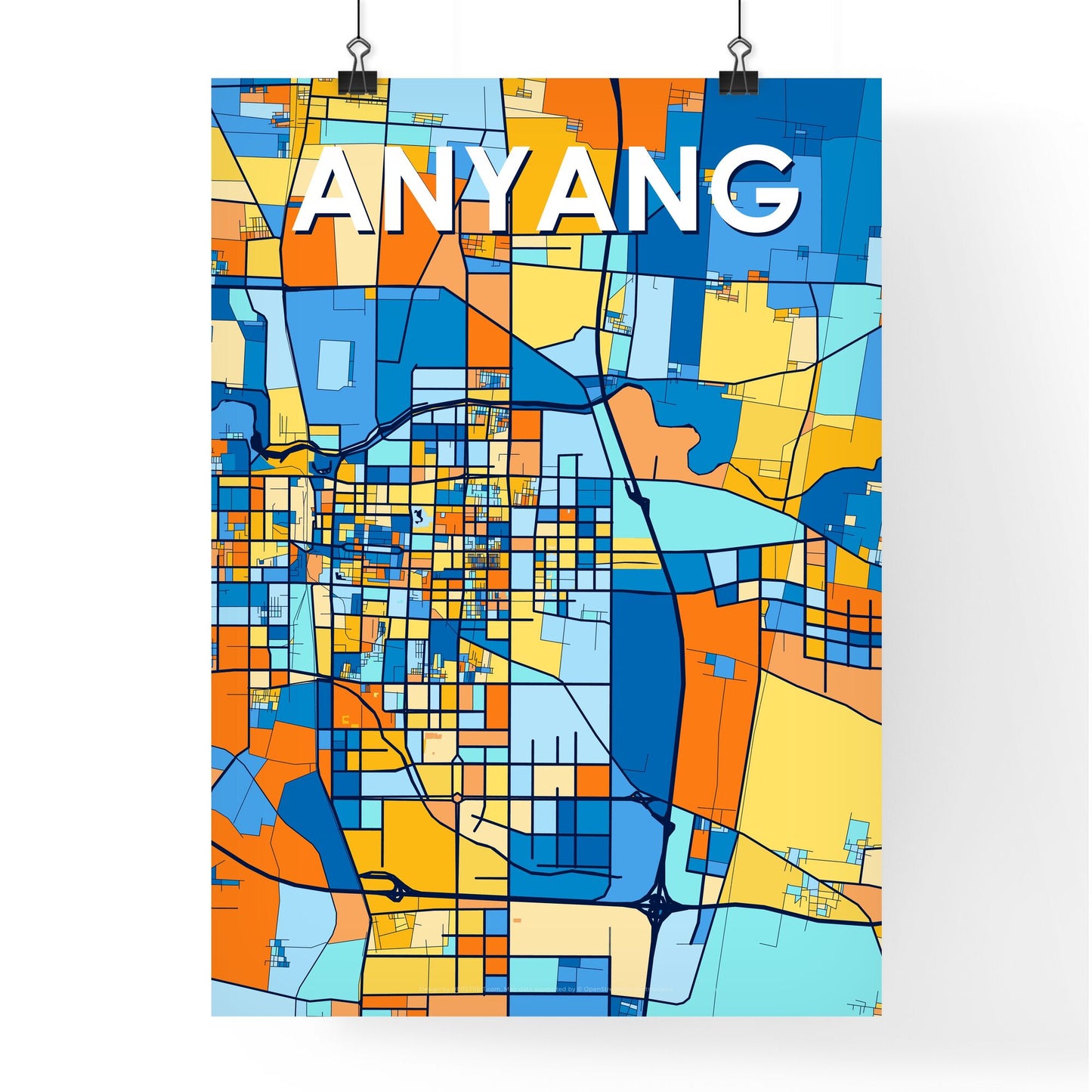 ANYANG CHINA Vibrant Colorful Art Map Poster Blue Orange