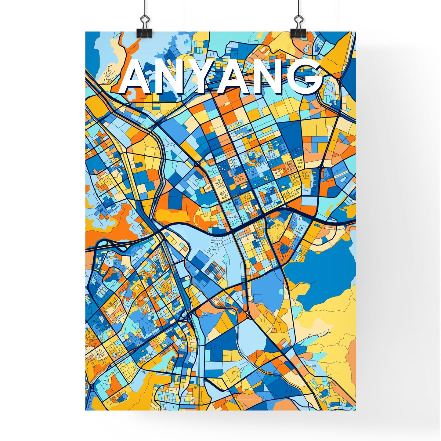 ANYANG SOUTH KOREA Vibrant Colorful Art Map Poster Blue Orange