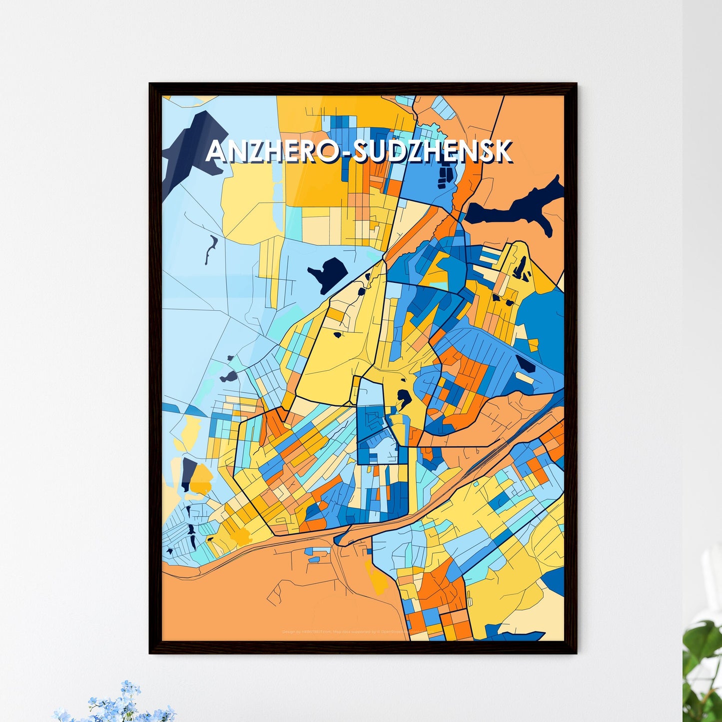 ANZHERO-SUDZHENSK RUSSIA Vibrant Colorful Art Map Poster Blue Orange