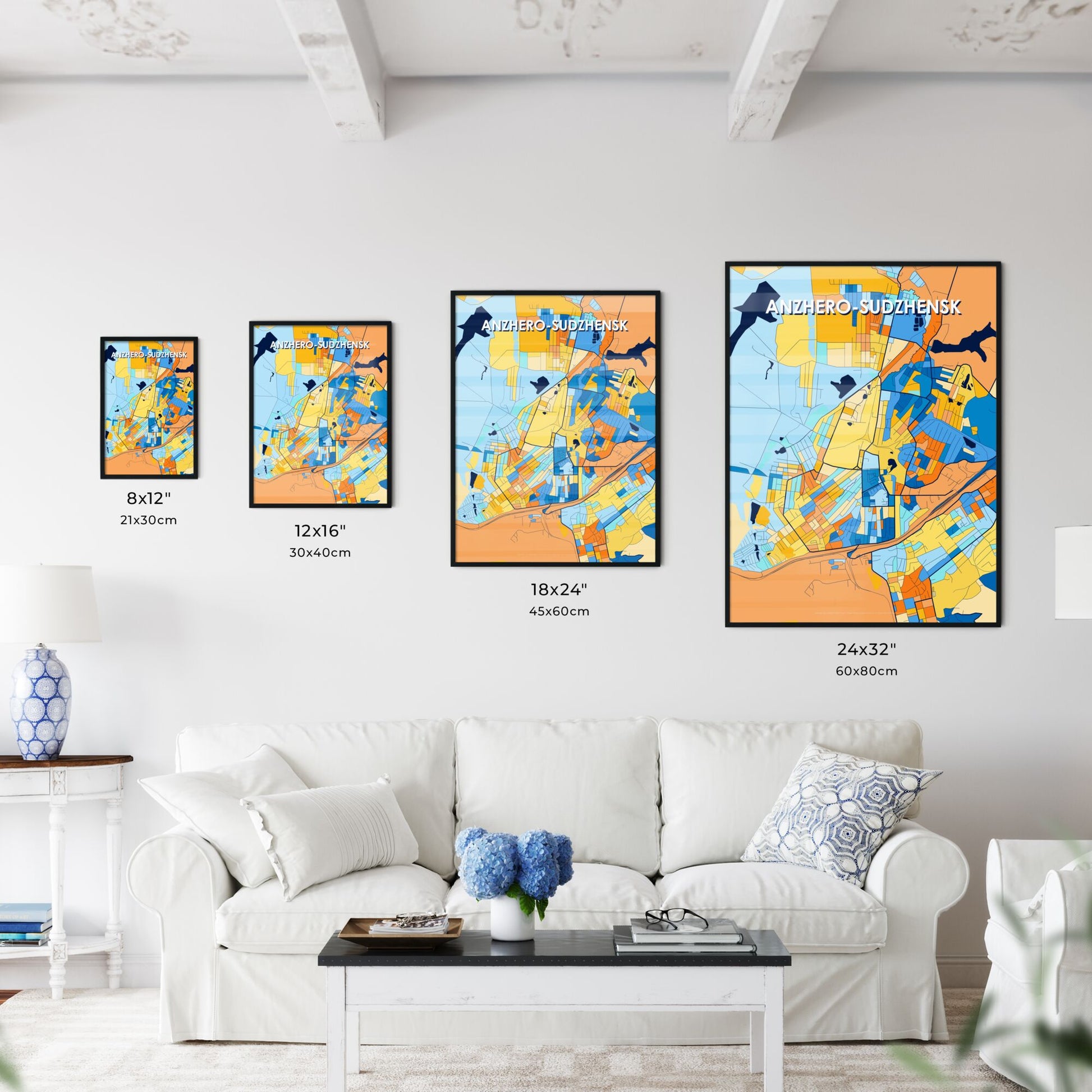 ANZHERO-SUDZHENSK RUSSIA Vibrant Colorful Art Map Poster Blue Orange