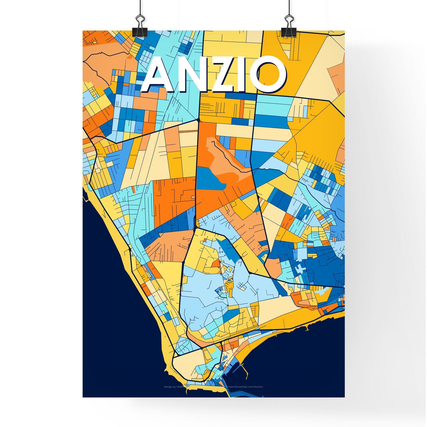 ANZIO ITALY Vibrant Colorful Art Map Poster Blue Orange