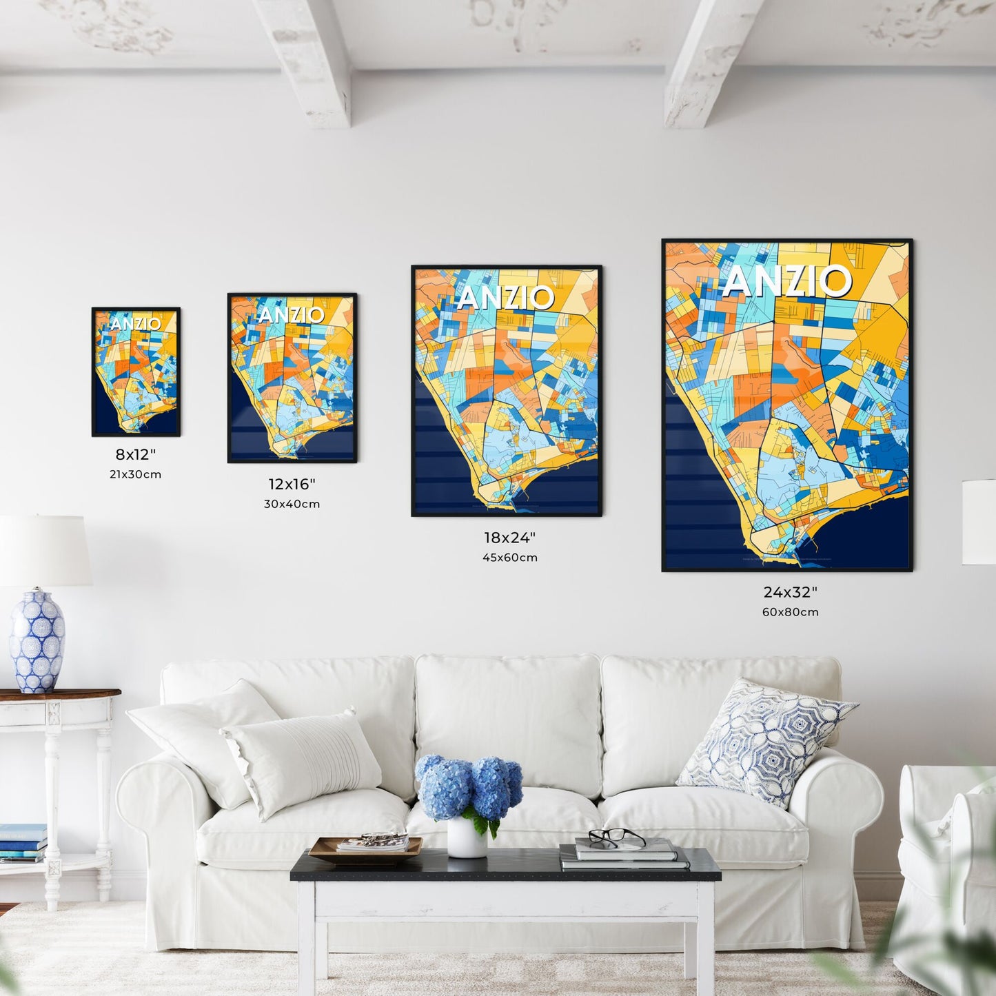 ANZIO ITALY Vibrant Colorful Art Map Poster Blue Orange