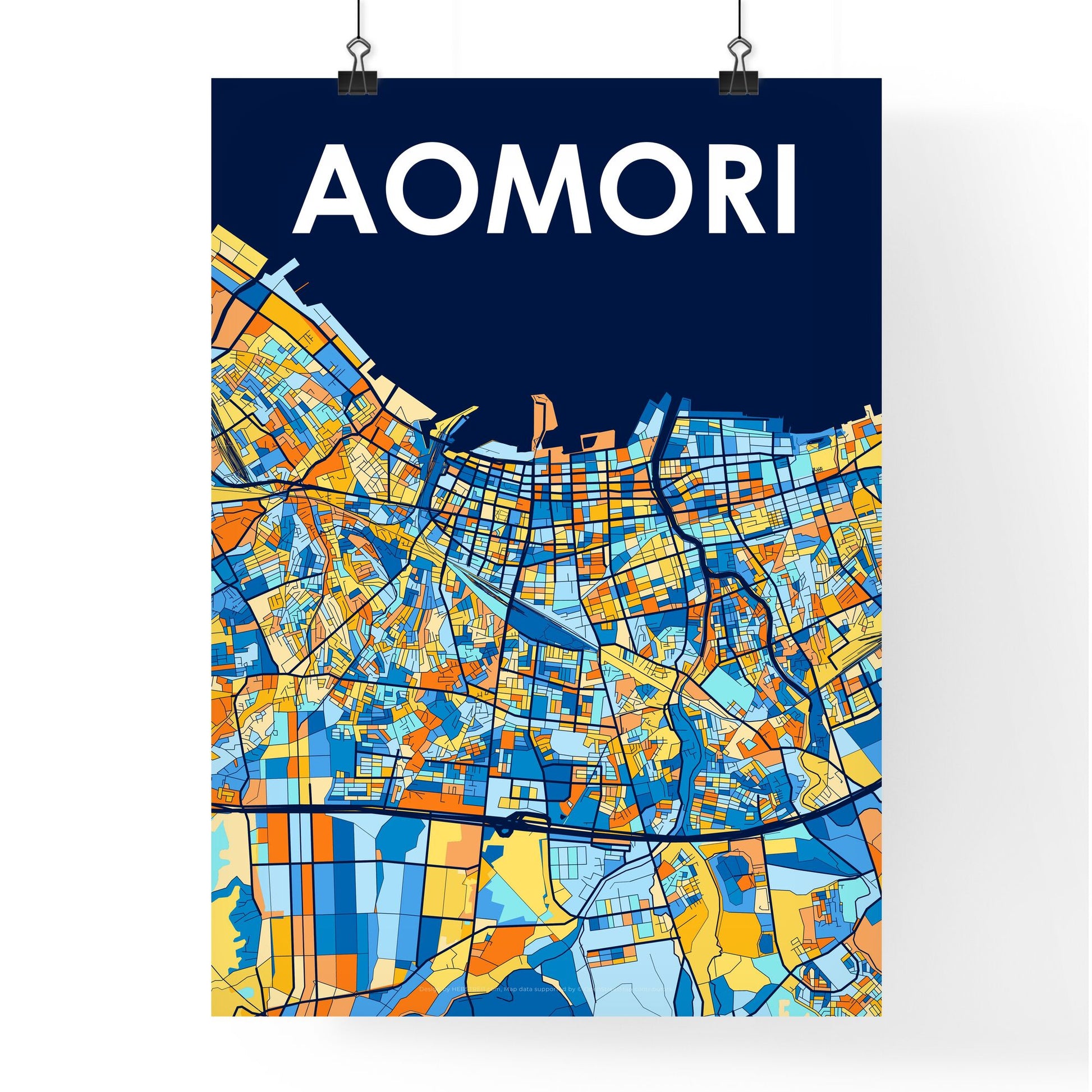 AOMORI JAPAN Vibrant Colorful Art Map Poster Blue Orange