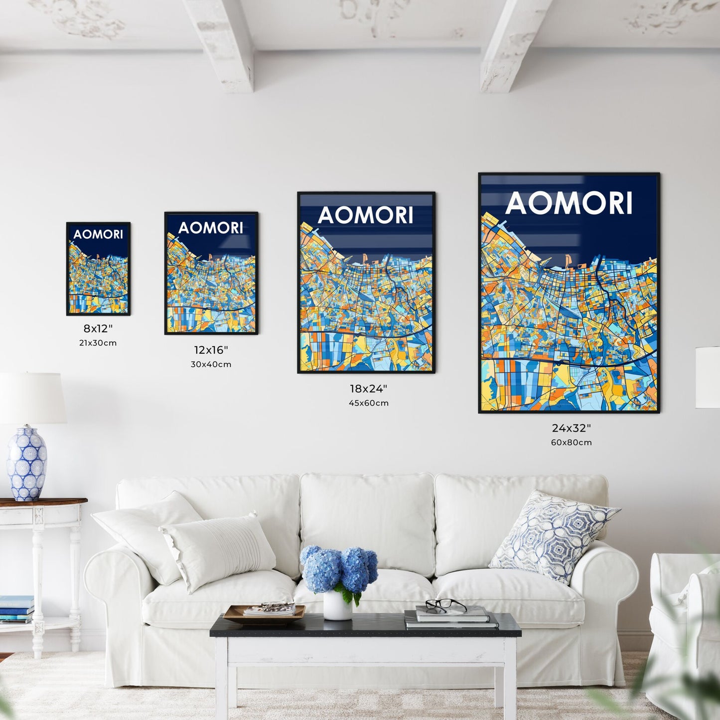 AOMORI JAPAN Vibrant Colorful Art Map Poster Blue Orange