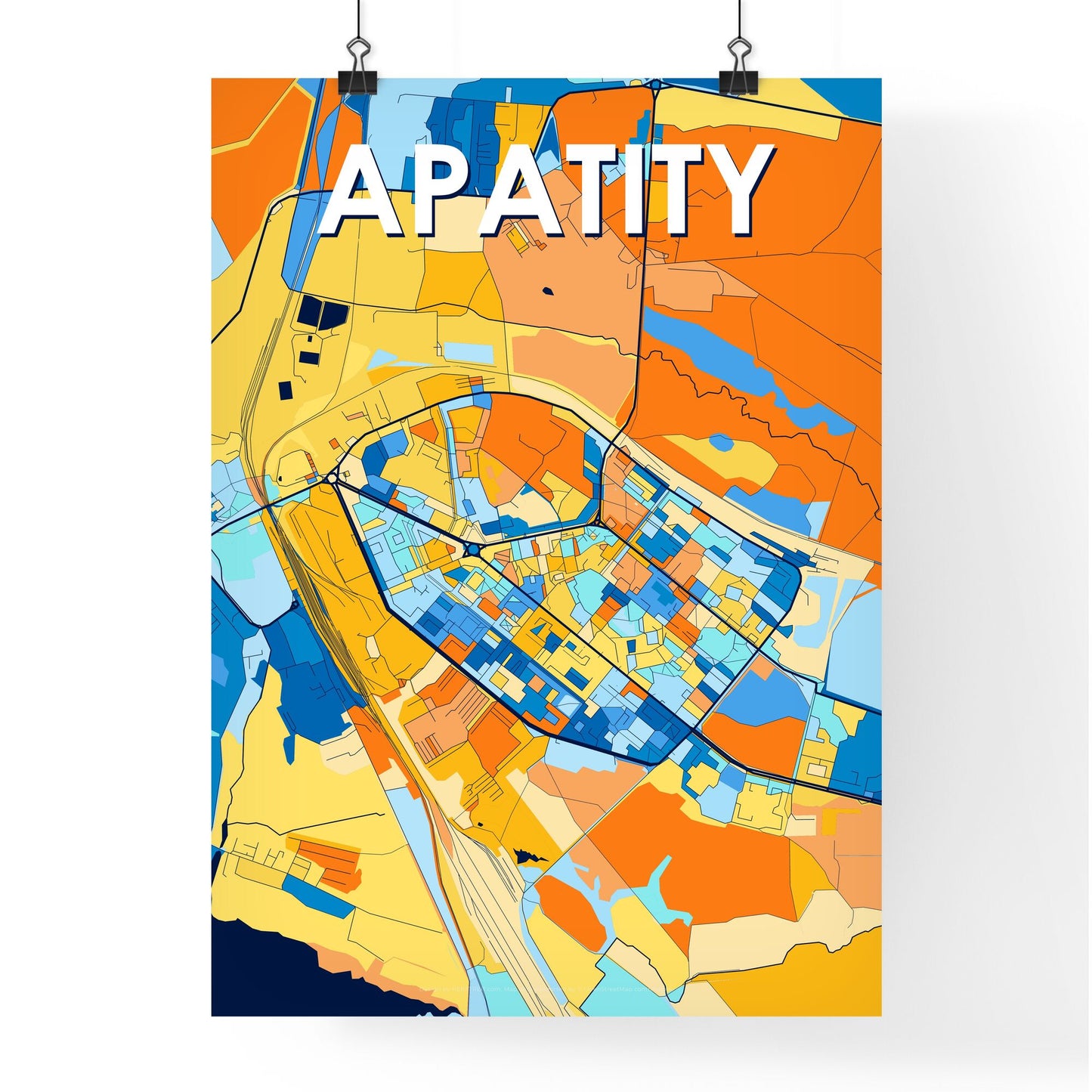 APATITY RUSSIA Vibrant Colorful Art Map Poster Blue Orange