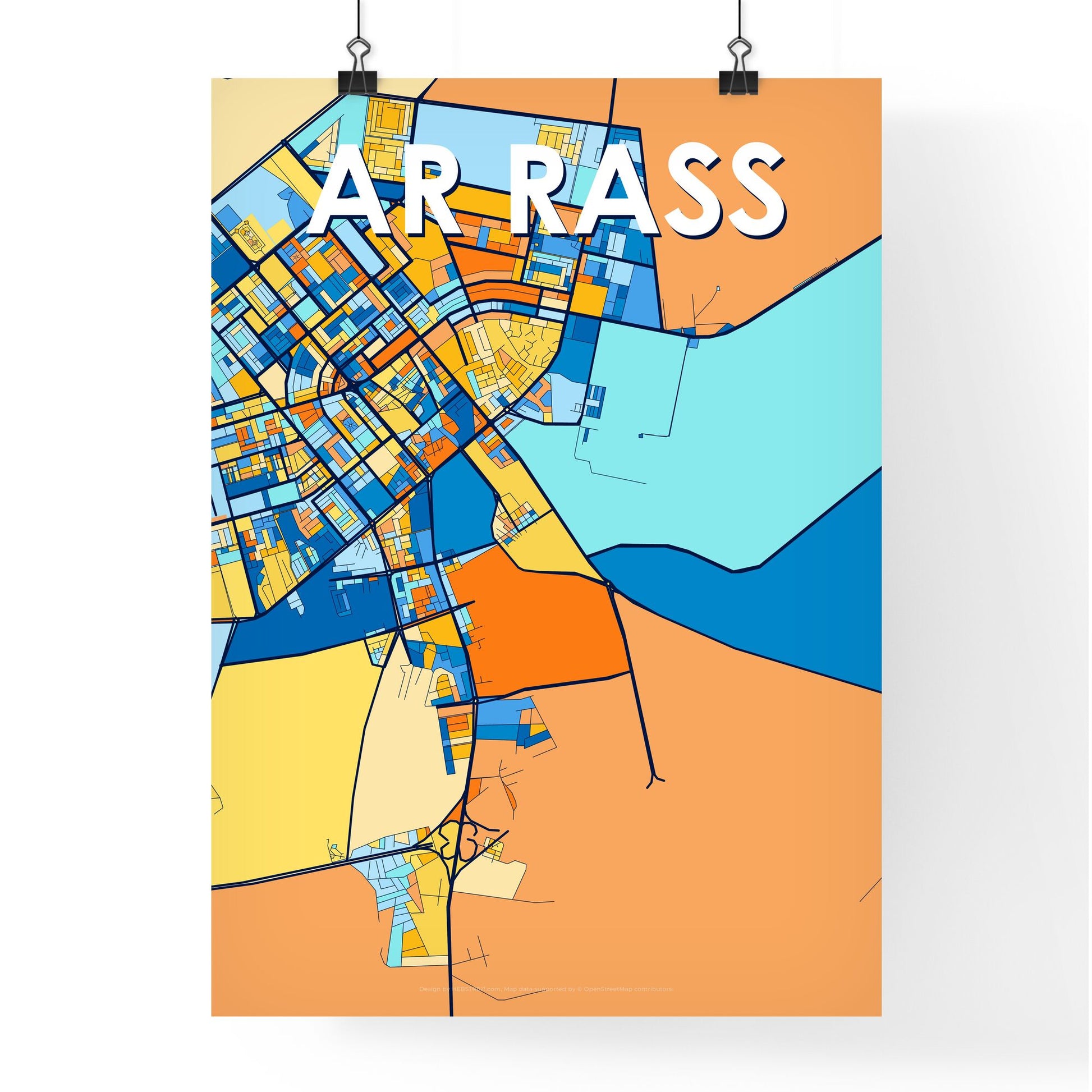 AR RASS SAUDI ARABIA Vibrant Colorful Art Map Poster Blue Orange