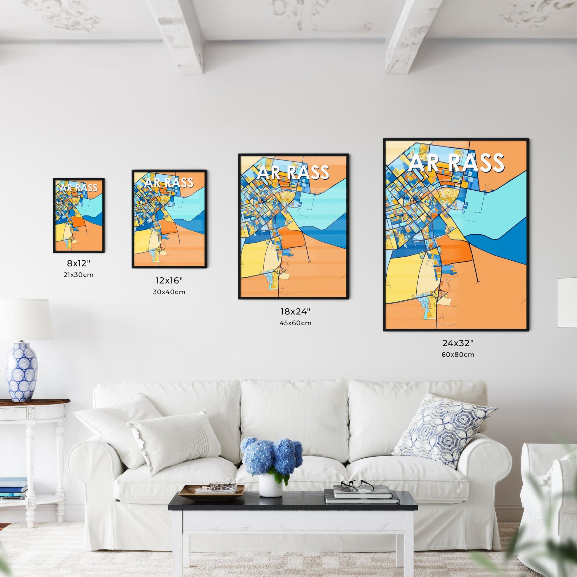 AR RASS SAUDI ARABIA Vibrant Colorful Art Map Poster Blue Orange