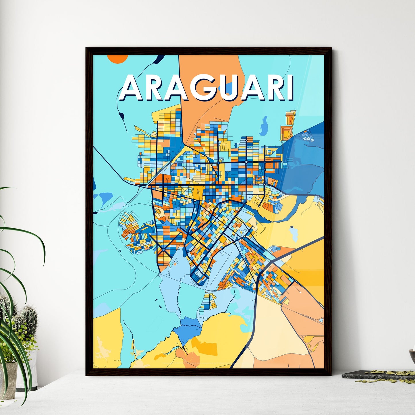 ARAGUARI BRAZIL Vibrant Colorful Art Map Poster Blue Orange