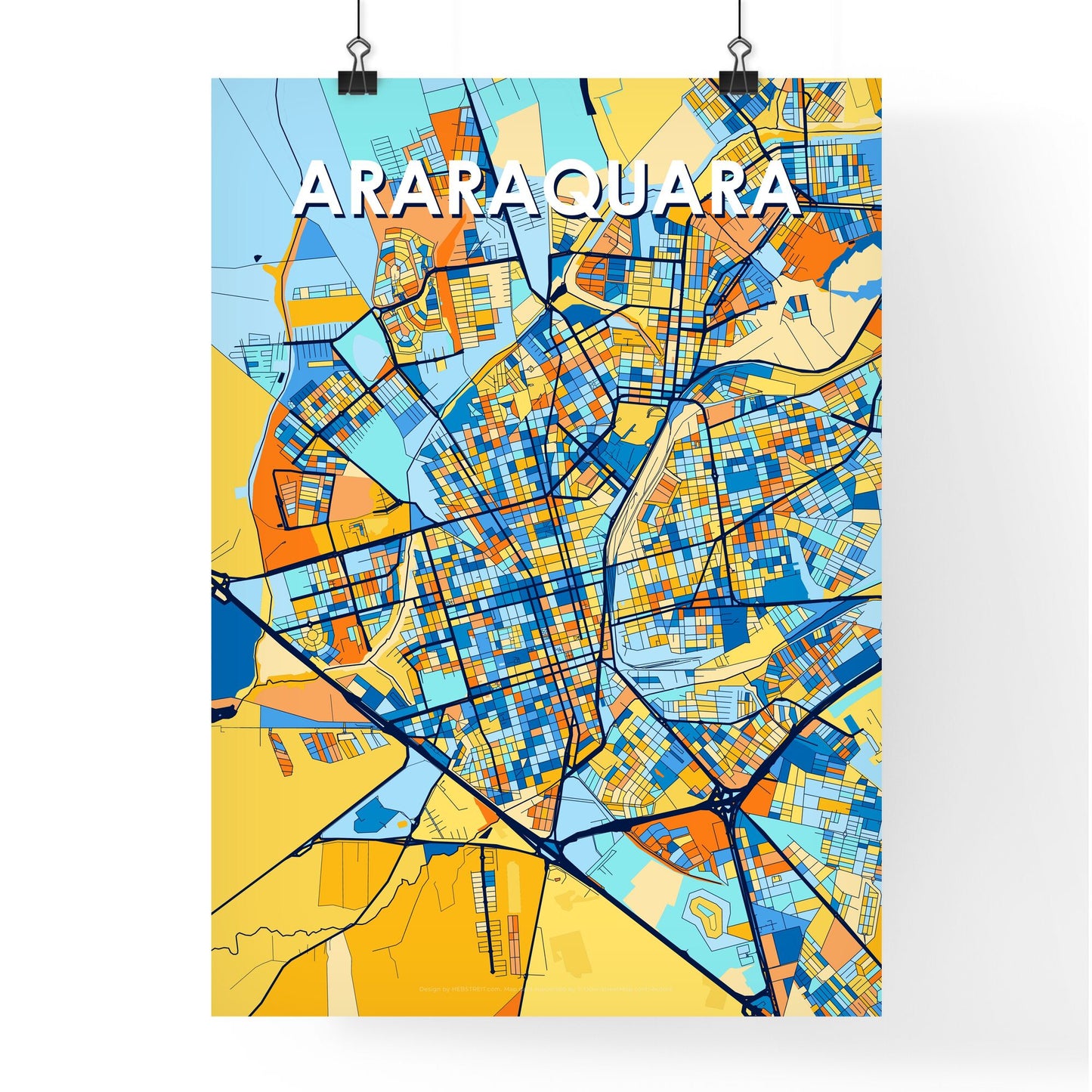 ARARAQUARA BRAZIL Vibrant Colorful Art Map Poster Blue Orange