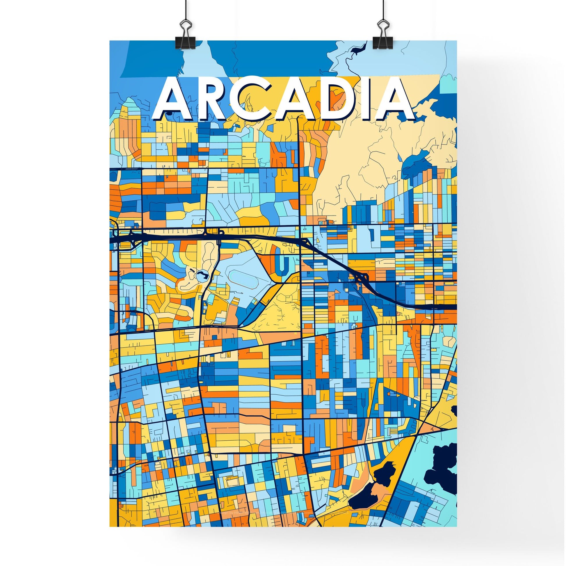 ARCADIA CALIFORNIA Vibrant Colorful Art Map Poster Blue Orange