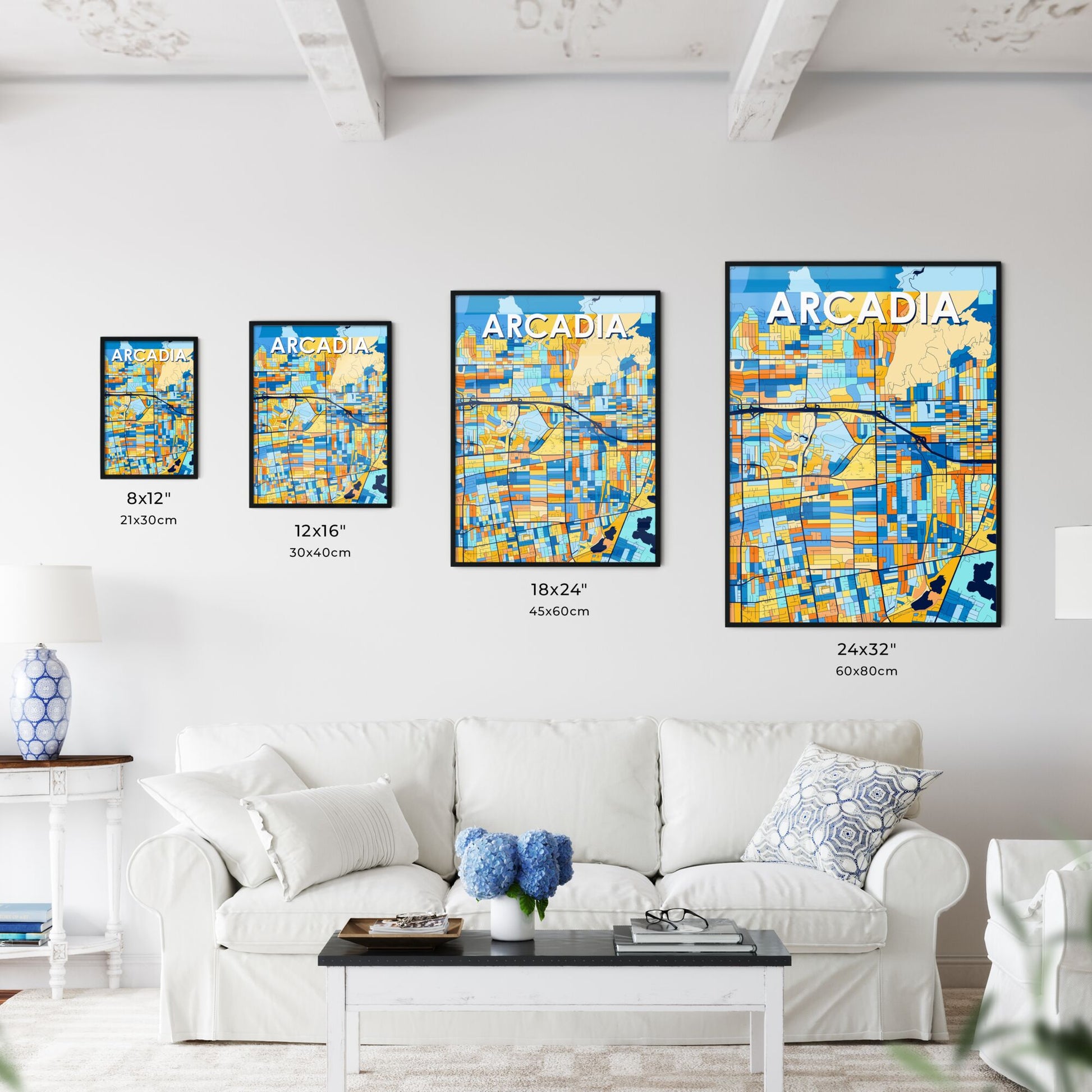 ARCADIA CALIFORNIA Vibrant Colorful Art Map Poster Blue Orange