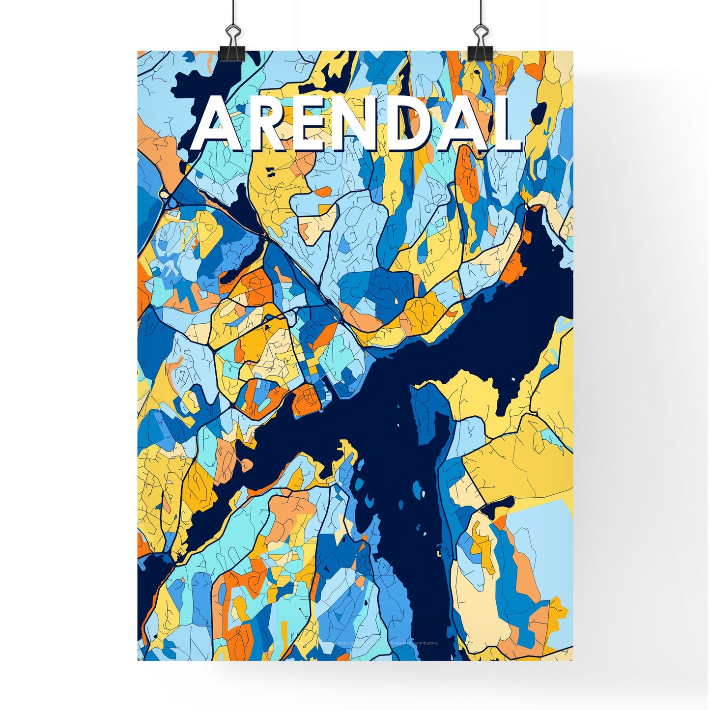 ARENDAL NORWAY Vibrant Colorful Art Map Poster Blue Orange