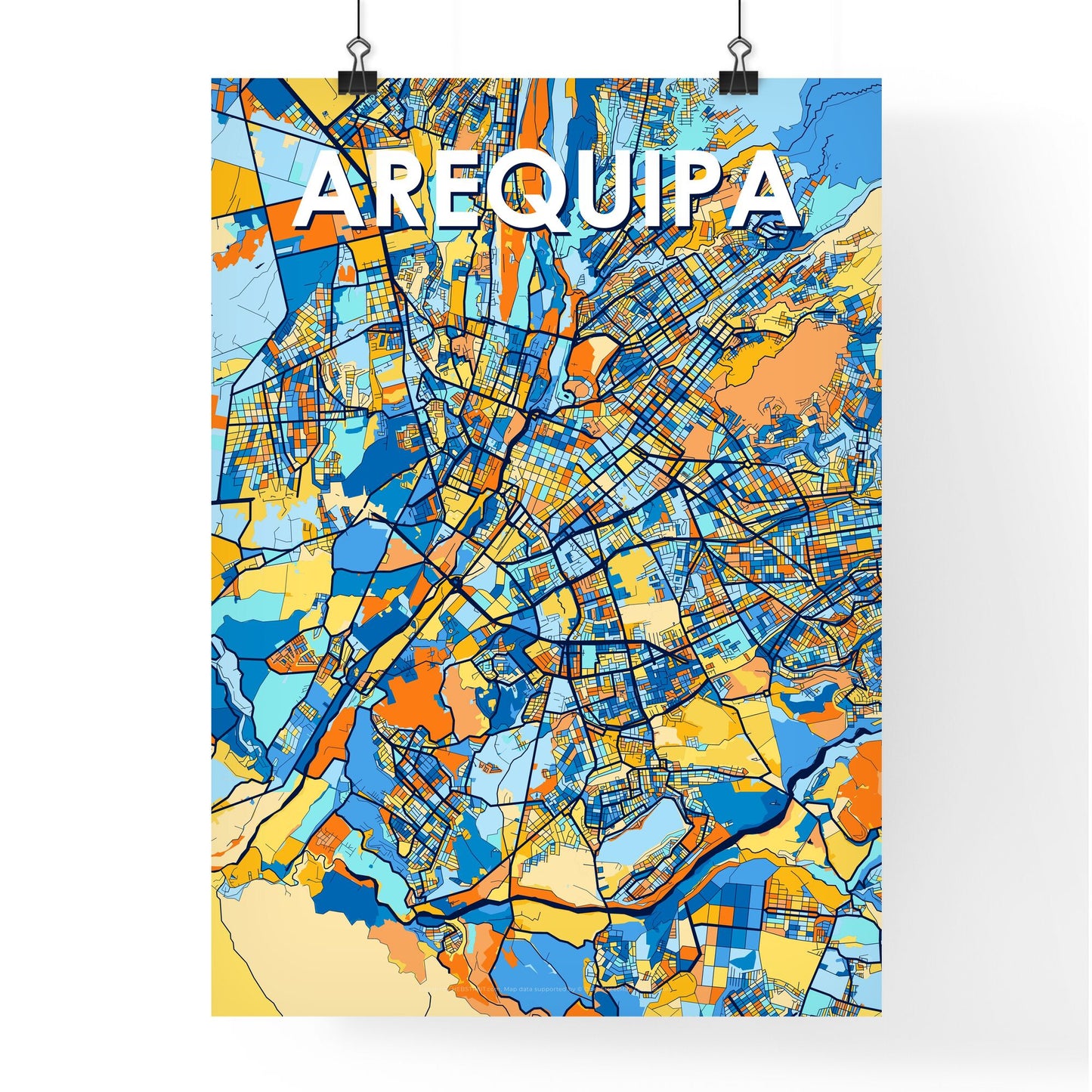 AREQUIPA PERU Vibrant Colorful Art Map Poster Blue Orange