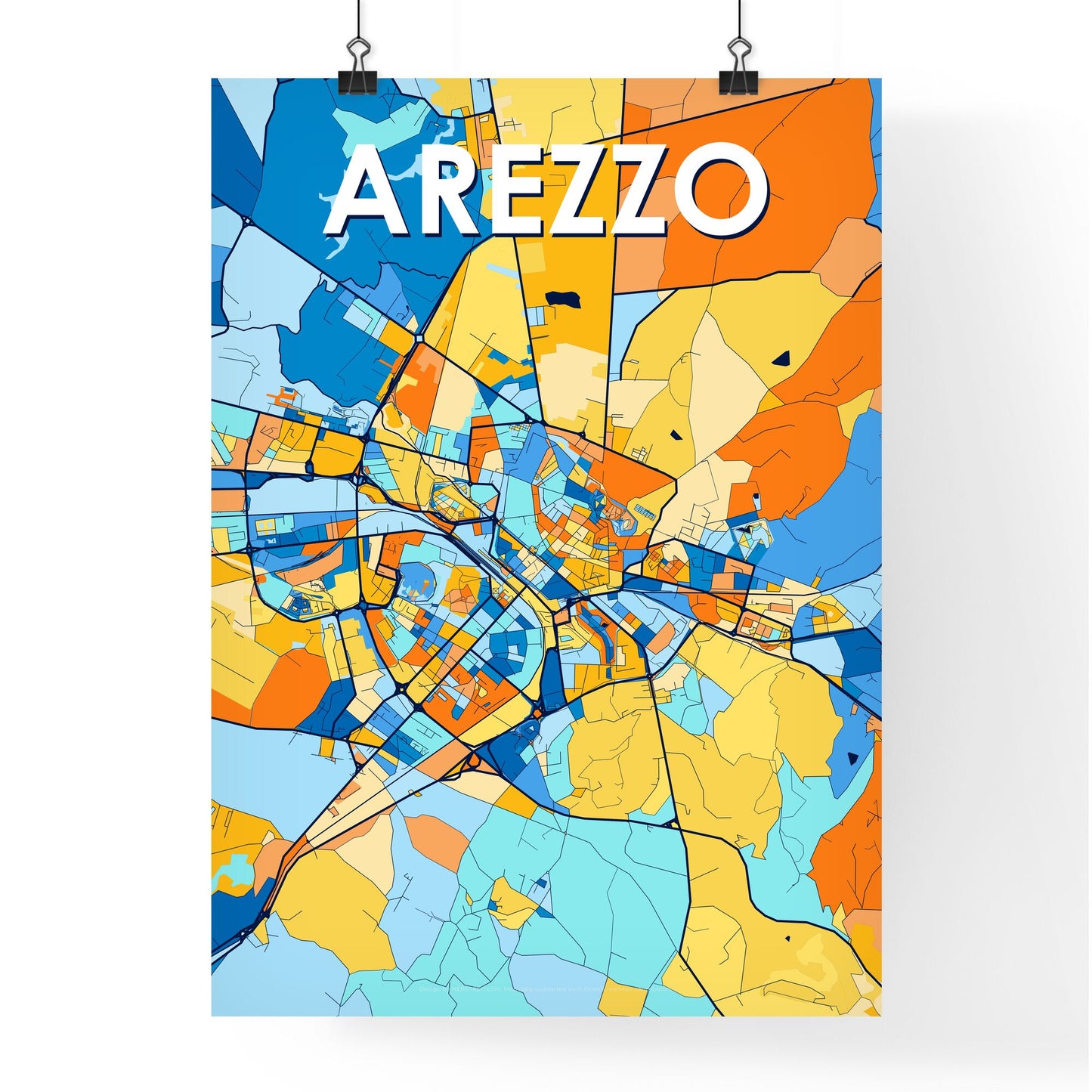 AREZZO ITALY Vibrant Colorful Art Map Poster Blue Orange