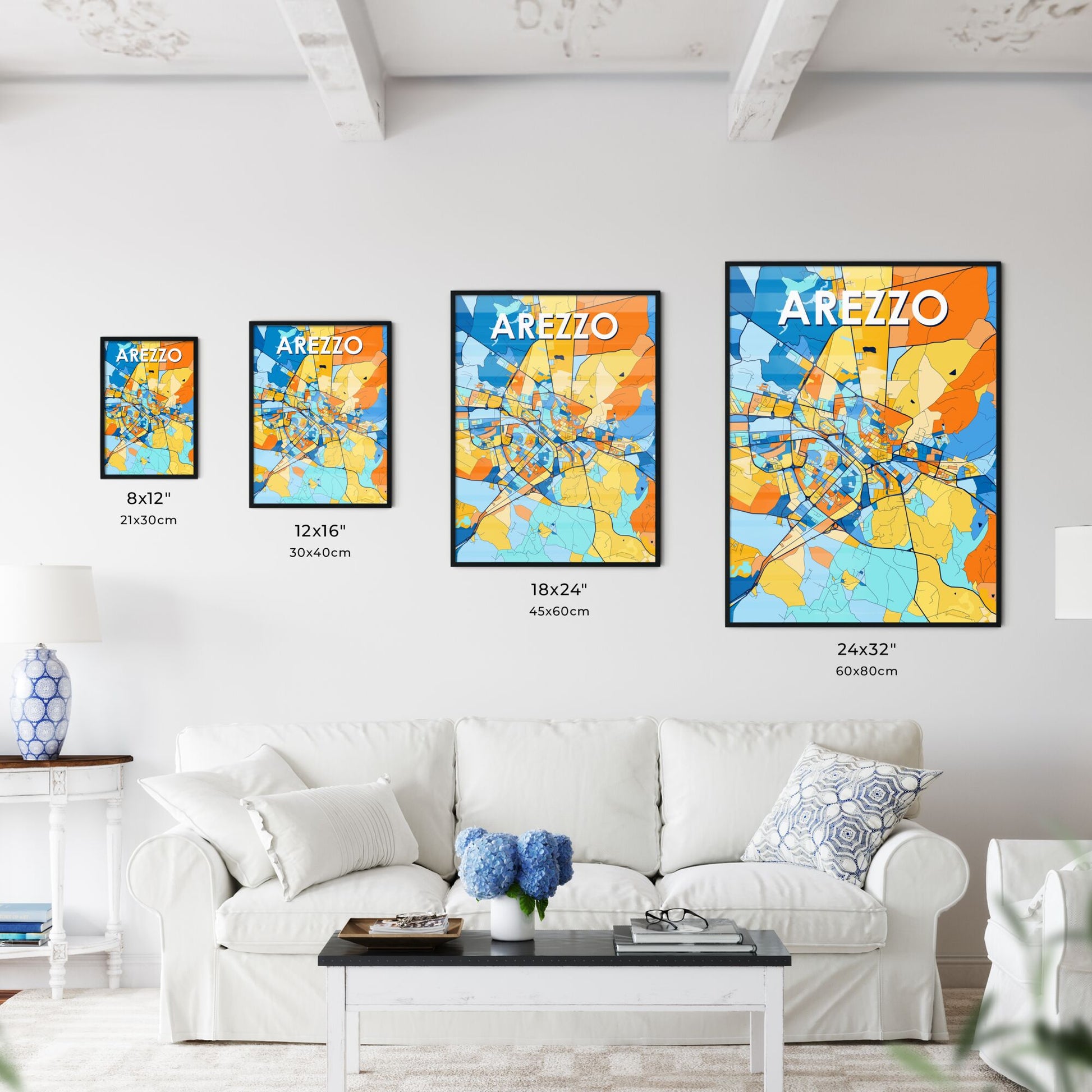 AREZZO ITALY Vibrant Colorful Art Map Poster Blue Orange