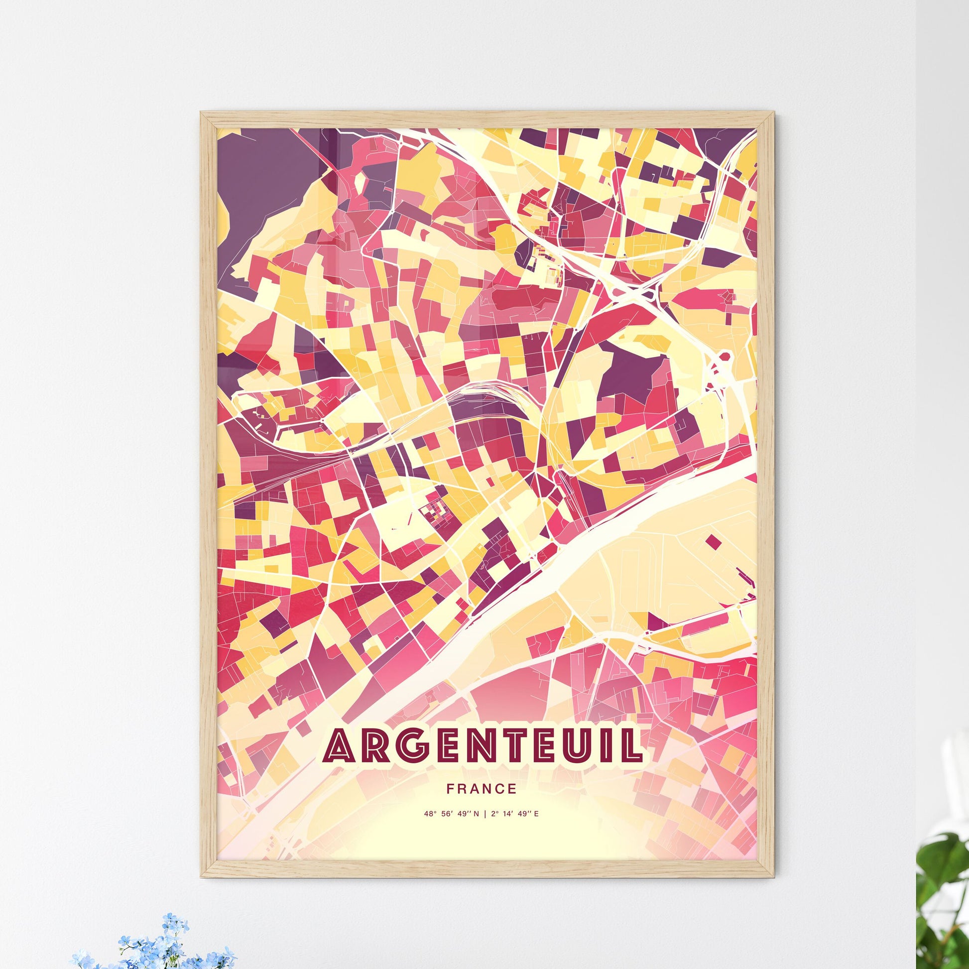 Colorful Argenteuil France Fine Art Map Hot Red