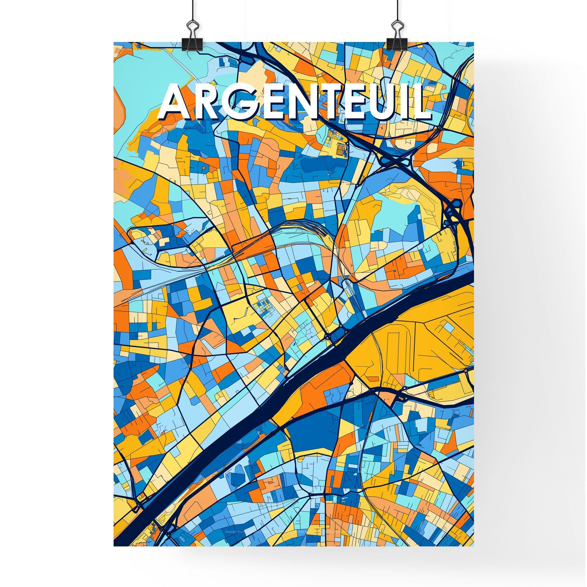 ARGENTEUIL FRANCE Vibrant Colorful Art Map Poster Blue Orange