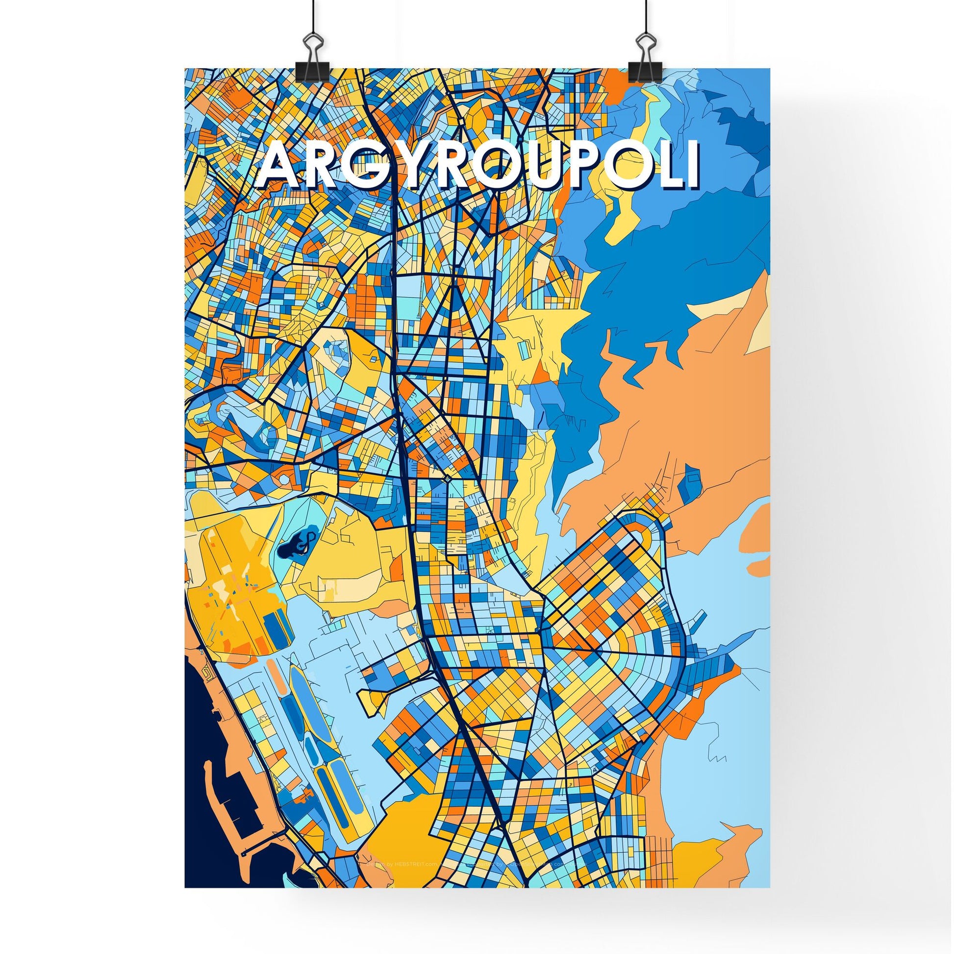 ARGYROUPOLI GREECE Vibrant Colorful Art Map Poster Blue Orange