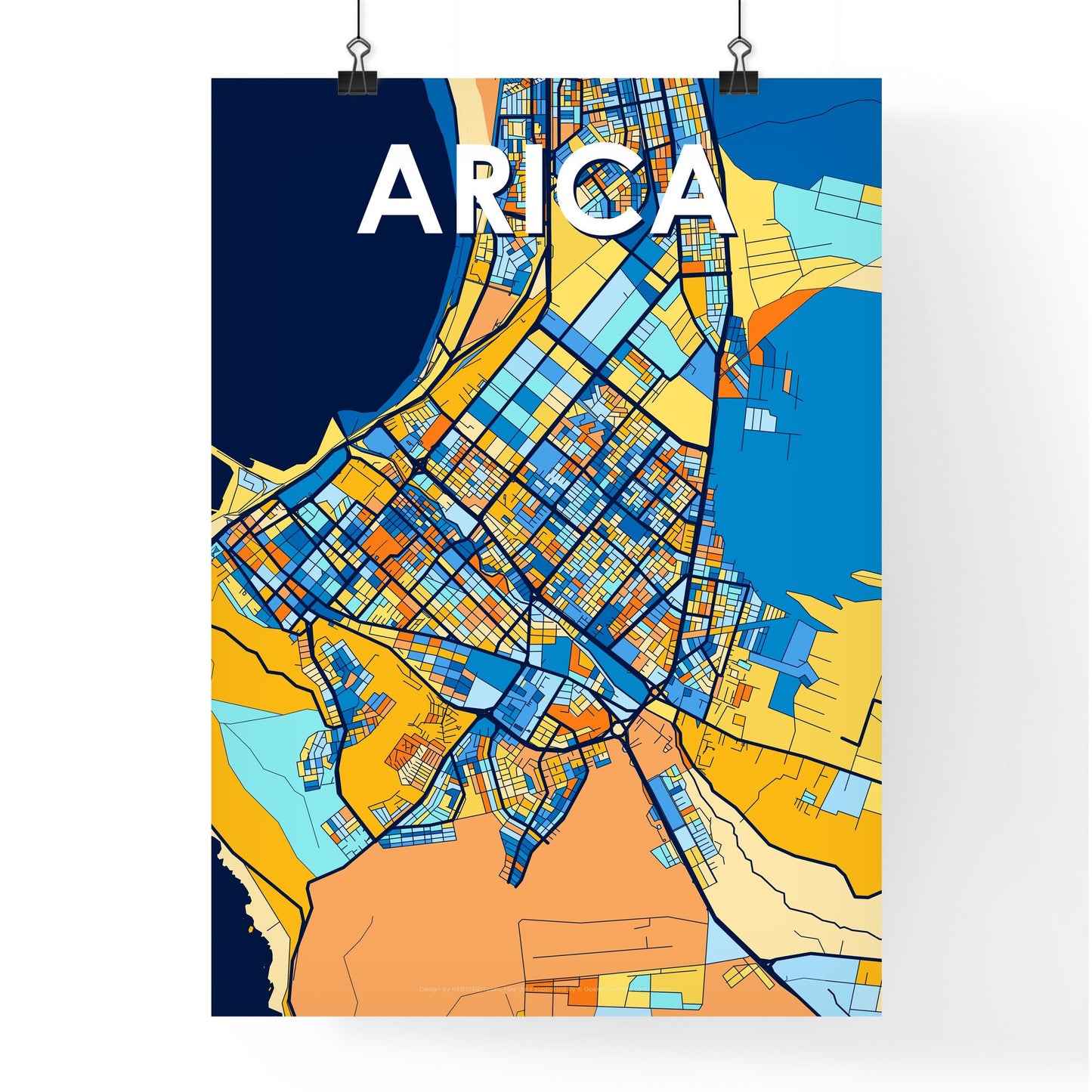 ARICA CHILE Vibrant Colorful Art Map Poster Blue Orange