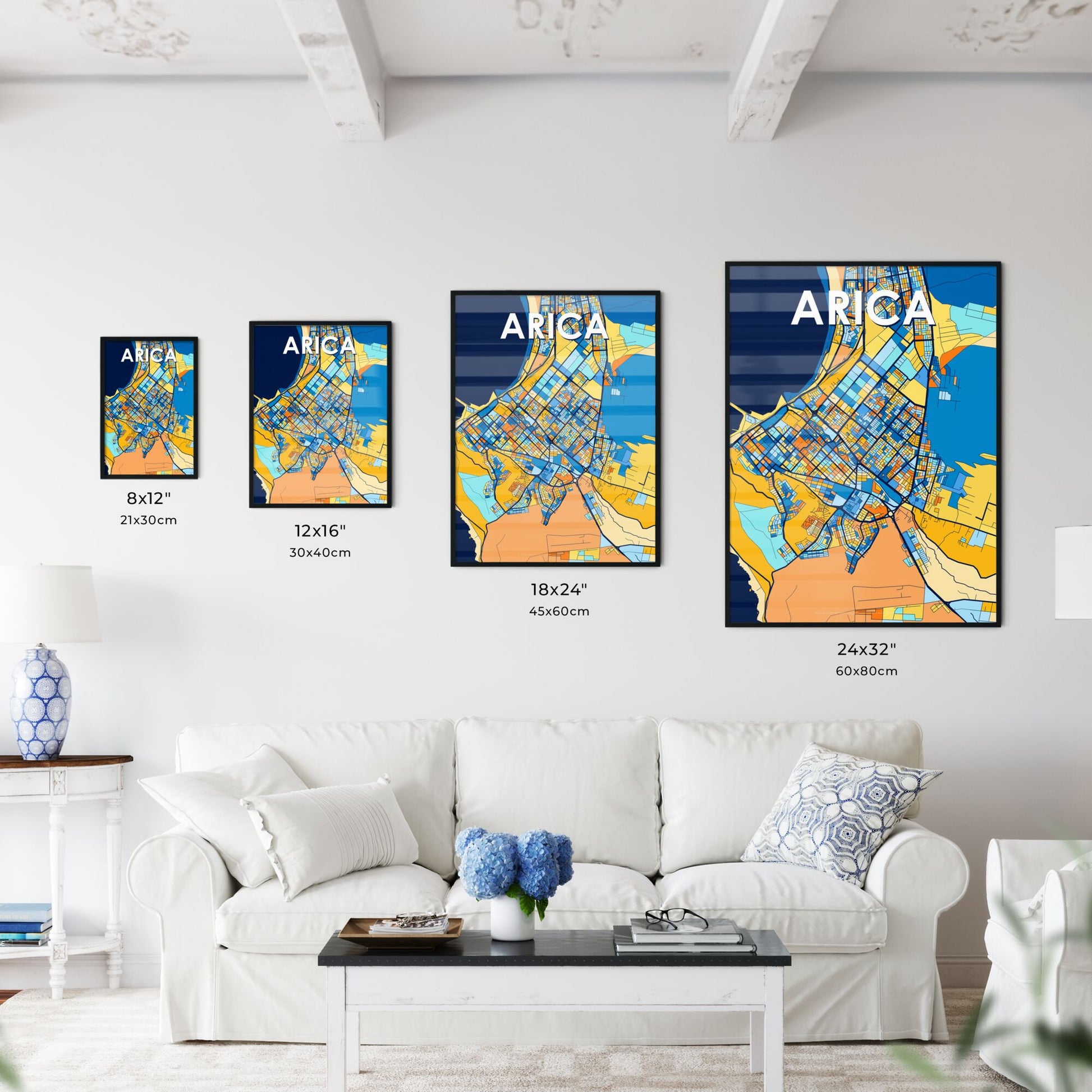 ARICA CHILE Vibrant Colorful Art Map Poster Blue Orange