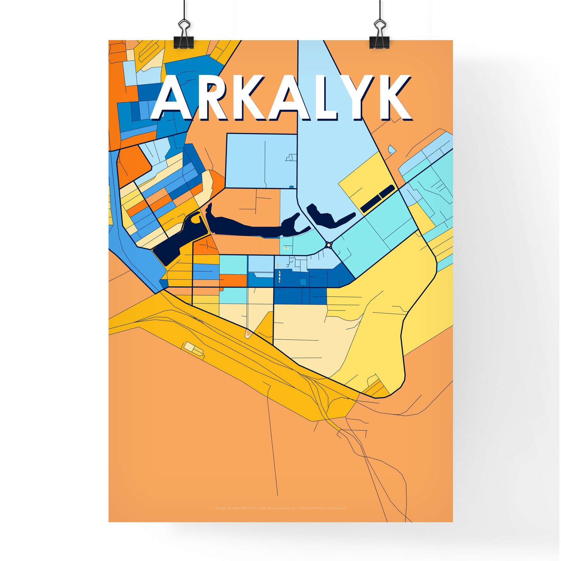 ARKALYK KAZAKHSTAN Vibrant Colorful Art Map Poster Blue Orange