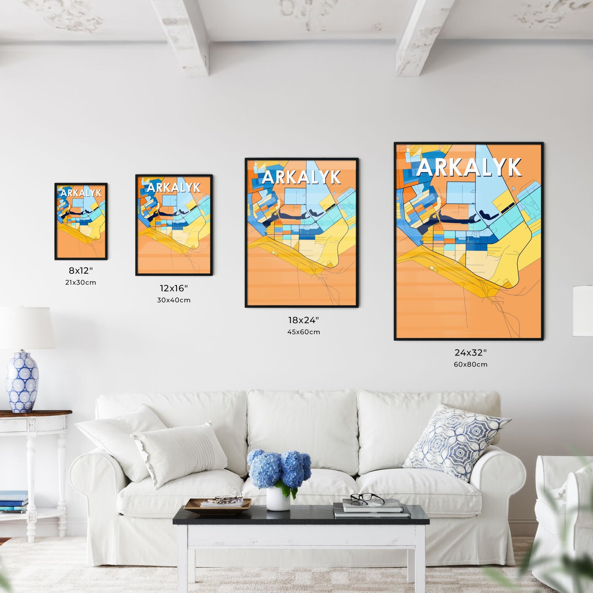 ARKALYK KAZAKHSTAN Vibrant Colorful Art Map Poster Blue Orange