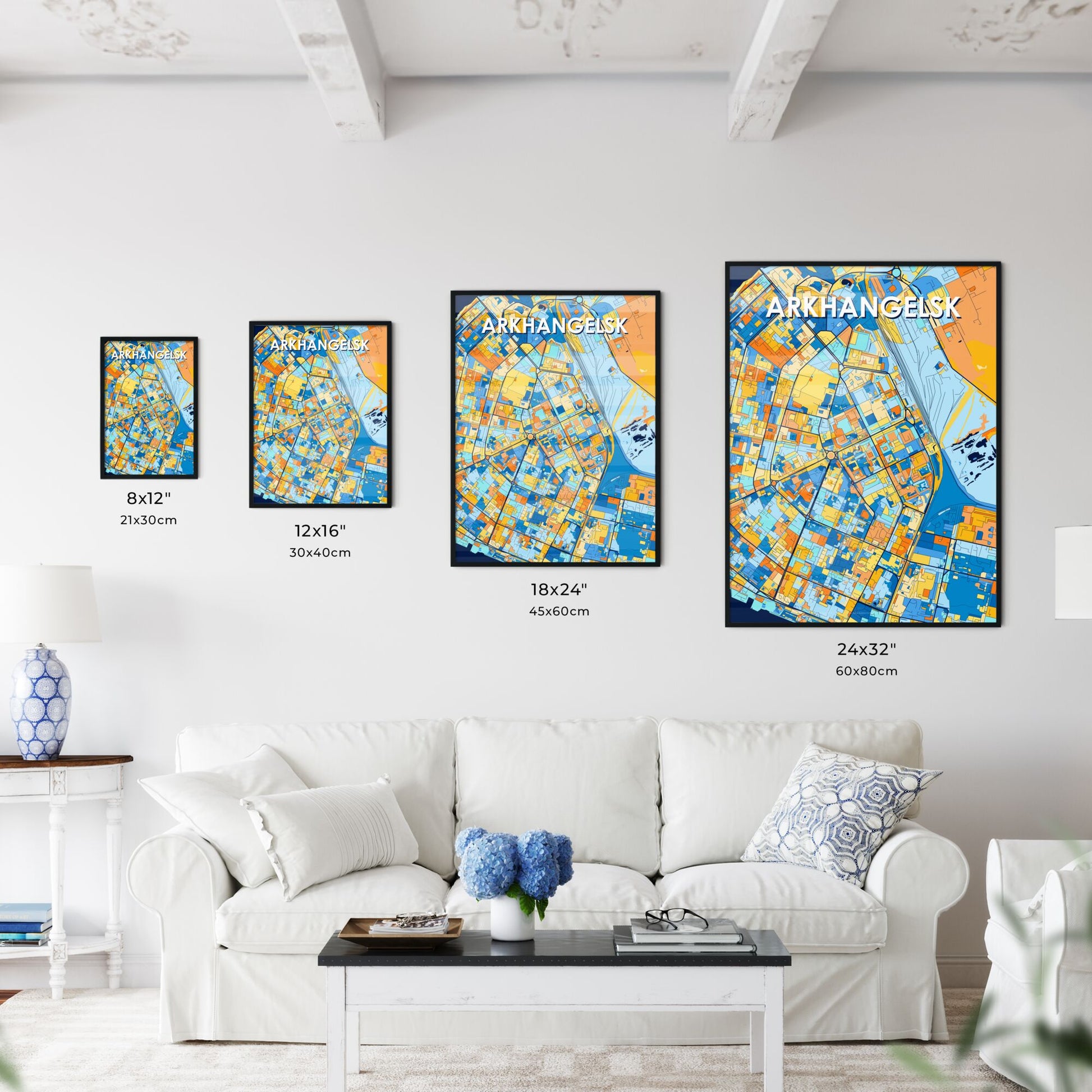 ARKHANGELSK RUSSIA Vibrant Colorful Art Map Poster Blue Orange