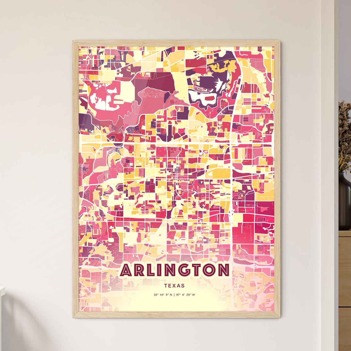 Colorful Arlington Texas Fine Art Map Hot Red