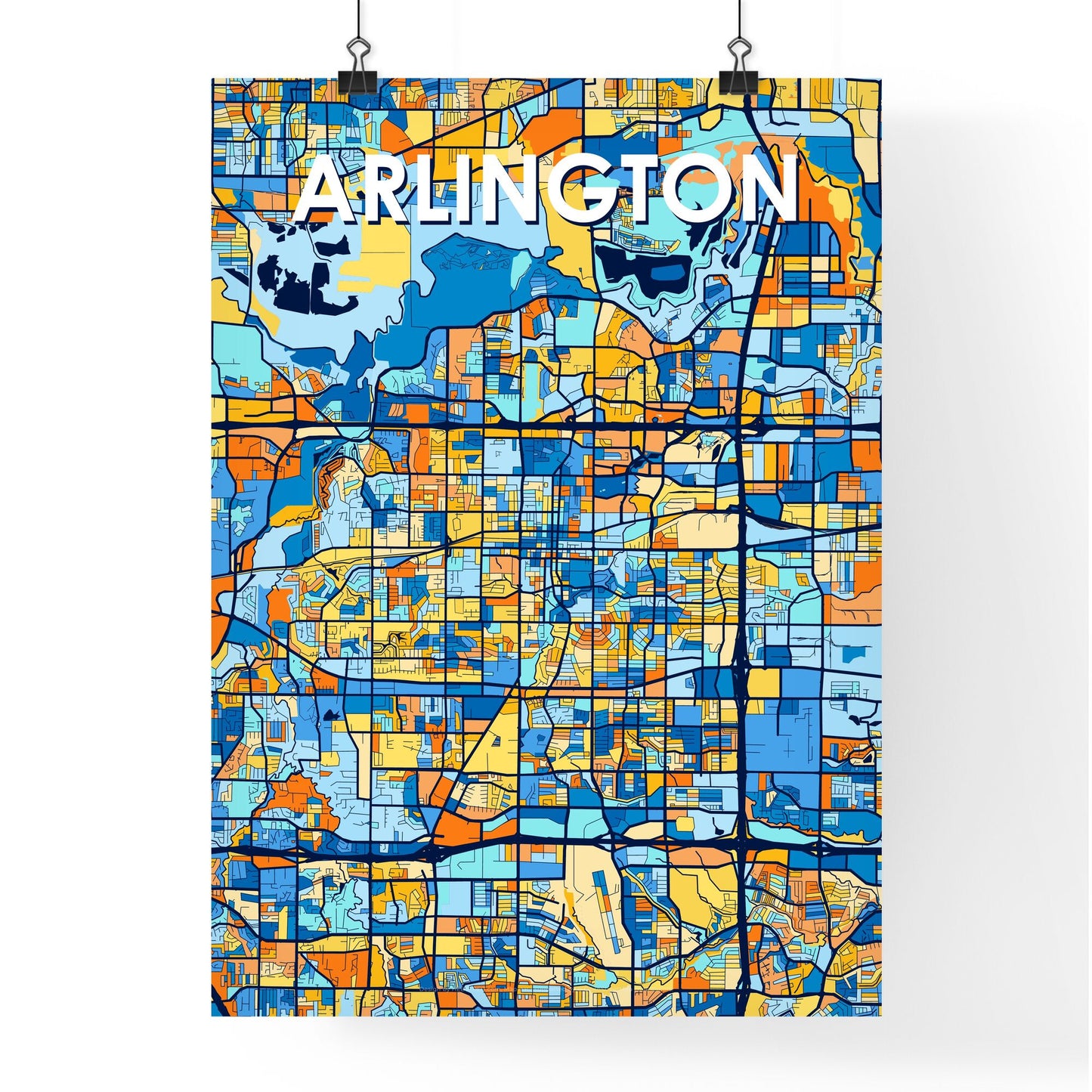 ARLINGTON TEXAS Vibrant Colorful Art Map Poster Blue Orange