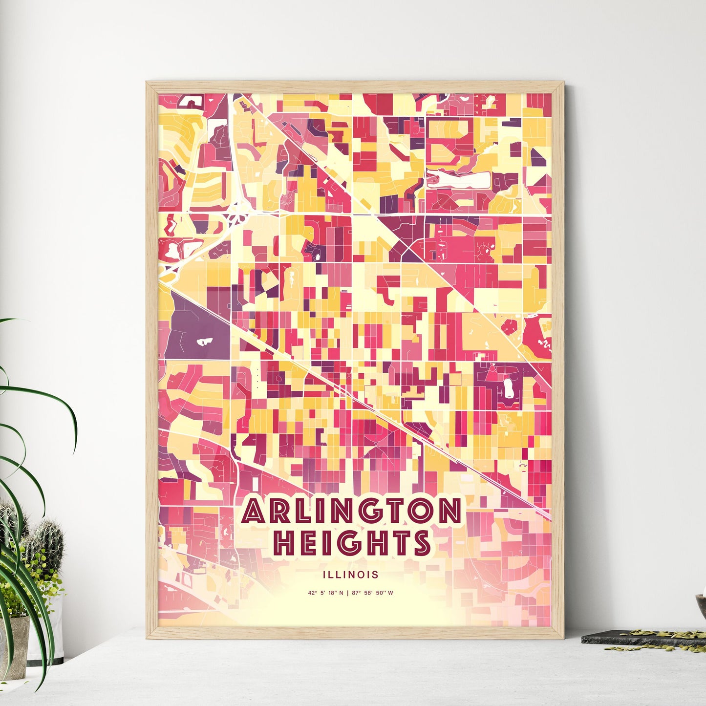 Colorful Arlington Heights Illinois Fine Art Map Hot Red